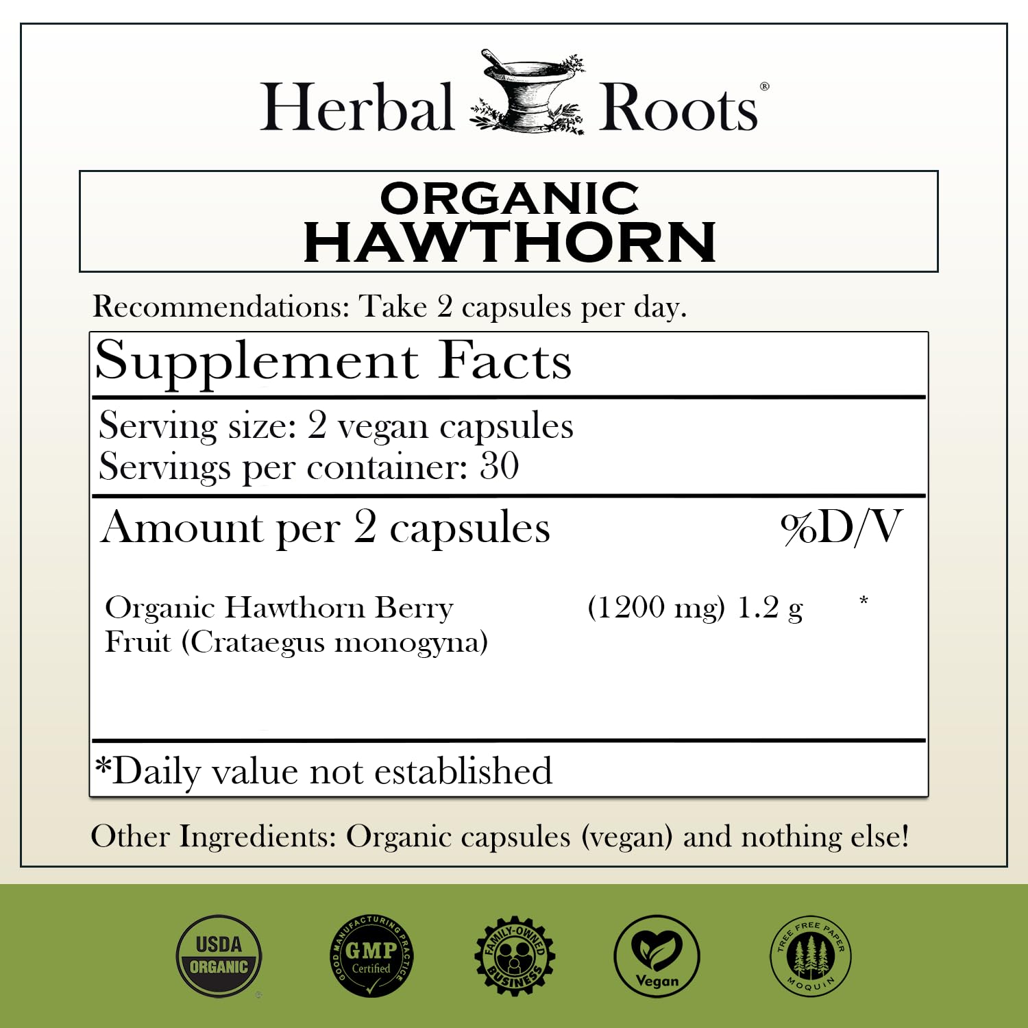 Herbal Roots Organic Hawthorn Berry Capsules | Extra Strength 1,200mg per Serving Herbal Roots