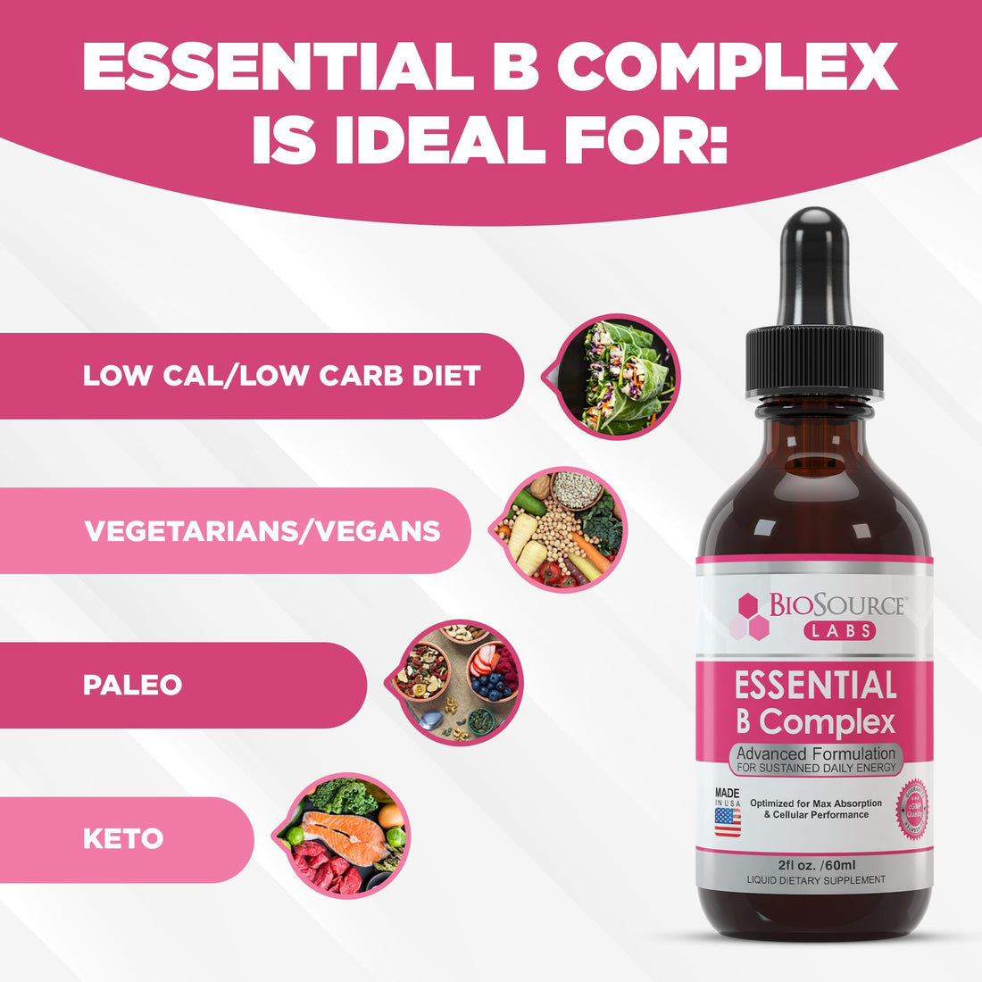 BioSource Labs Essential B Complex - Daily Vegan Vitamin B-Complex Sublingual Liquid 