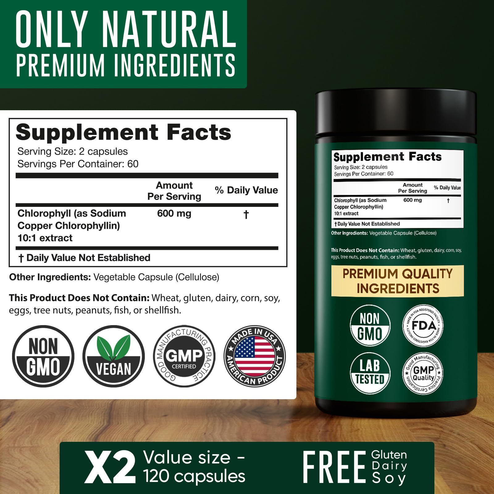 Chlorophyll Capsules 600 mg - Natural Chlorophyll Pills for Women & Men - Highly BioAvailable Alpha Flow