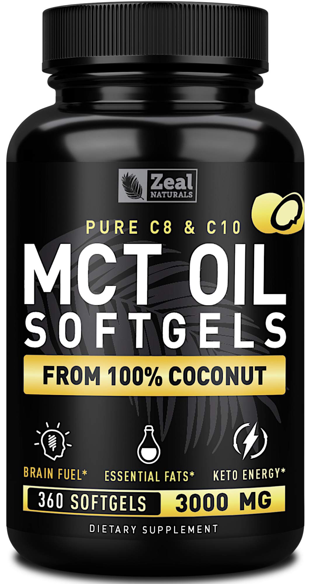 Pure MCT Oil Capsules (360 Softgels | 3000mg) 4 Month Supply Keto Pills w Unrefined Coconut