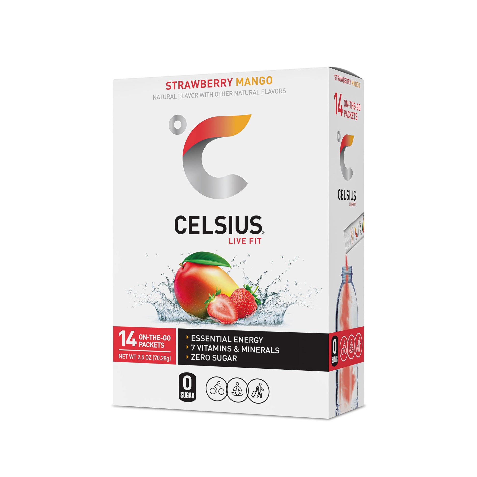CELSIUS On-the-Go Powder Sticks Strawberry Mango, Essential Energy (14 Sticks per Pack)