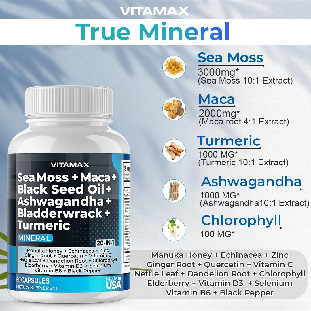 Sea Moss 3000mg Maca 1000mg Black Seed Oil 2000mg Ashwagandha 1000mg Bladderw Vitamax