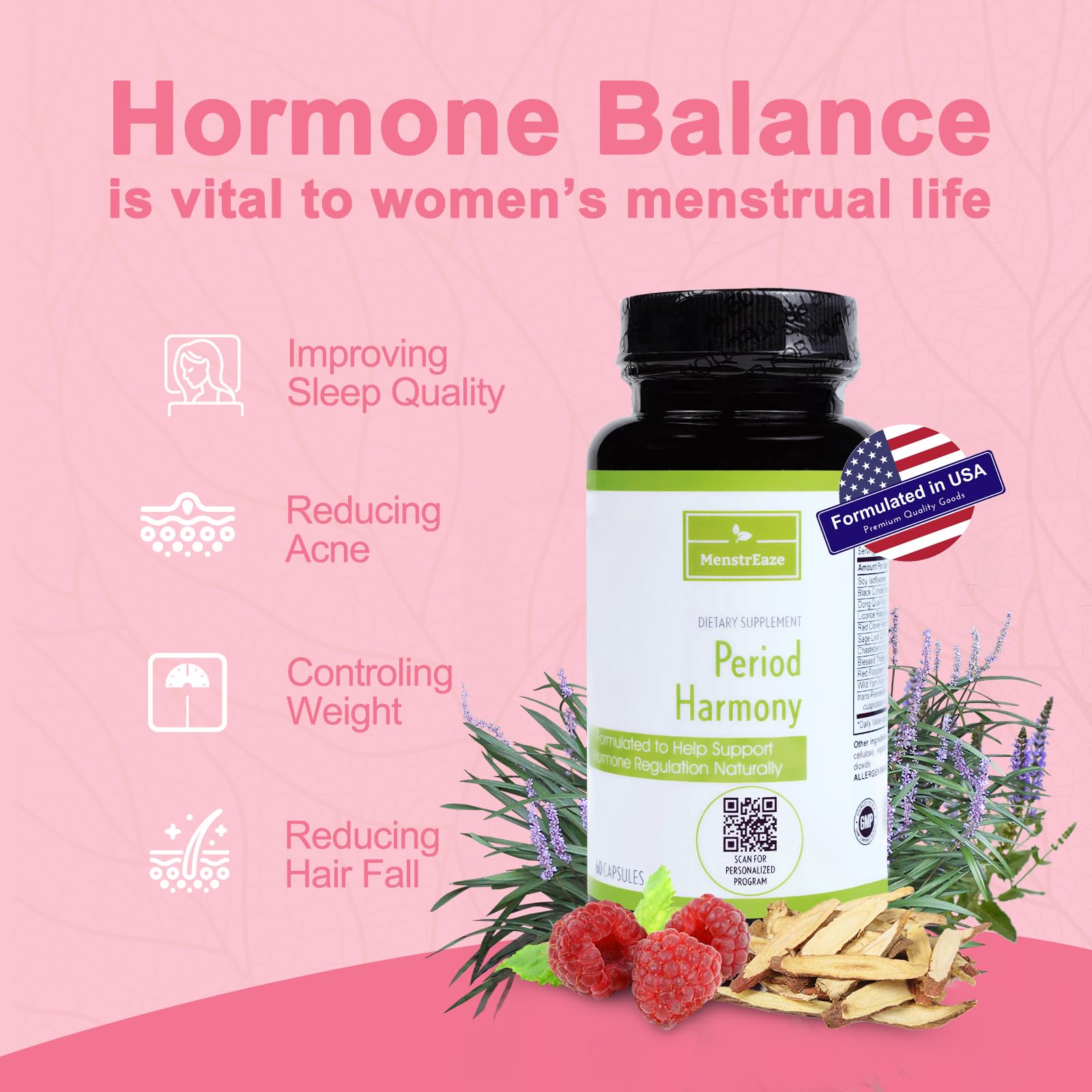 MenstrEaze PMS Relief & Hormone Balance for Women, with Black Cohosh, Vitex, Wild Yam MenstrEaze