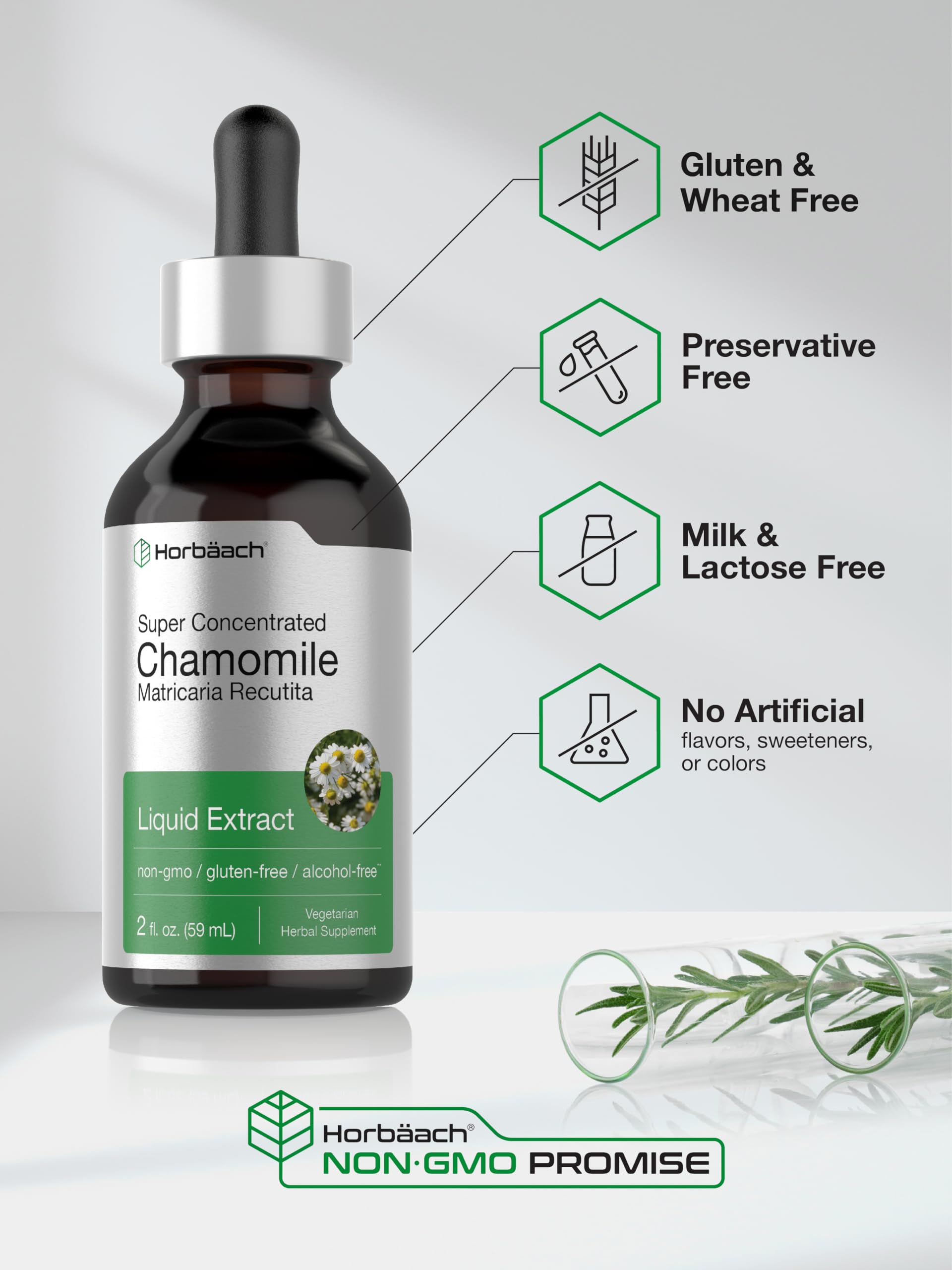 Chamomile Extract Liquid | 2 fl oz | Alcohol Free Supplement | Vegetarian, Non-GMO Horbäach