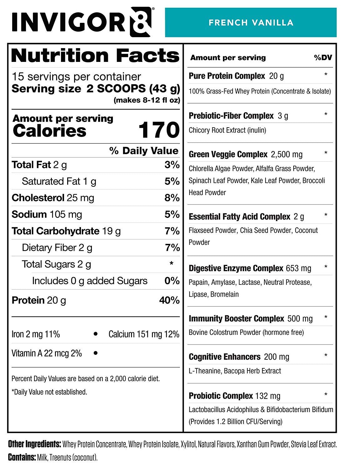 INVIGOR8 Superfood Grass Fed Whey Protein Isolate Shake French Vanilla Gluten-Free 