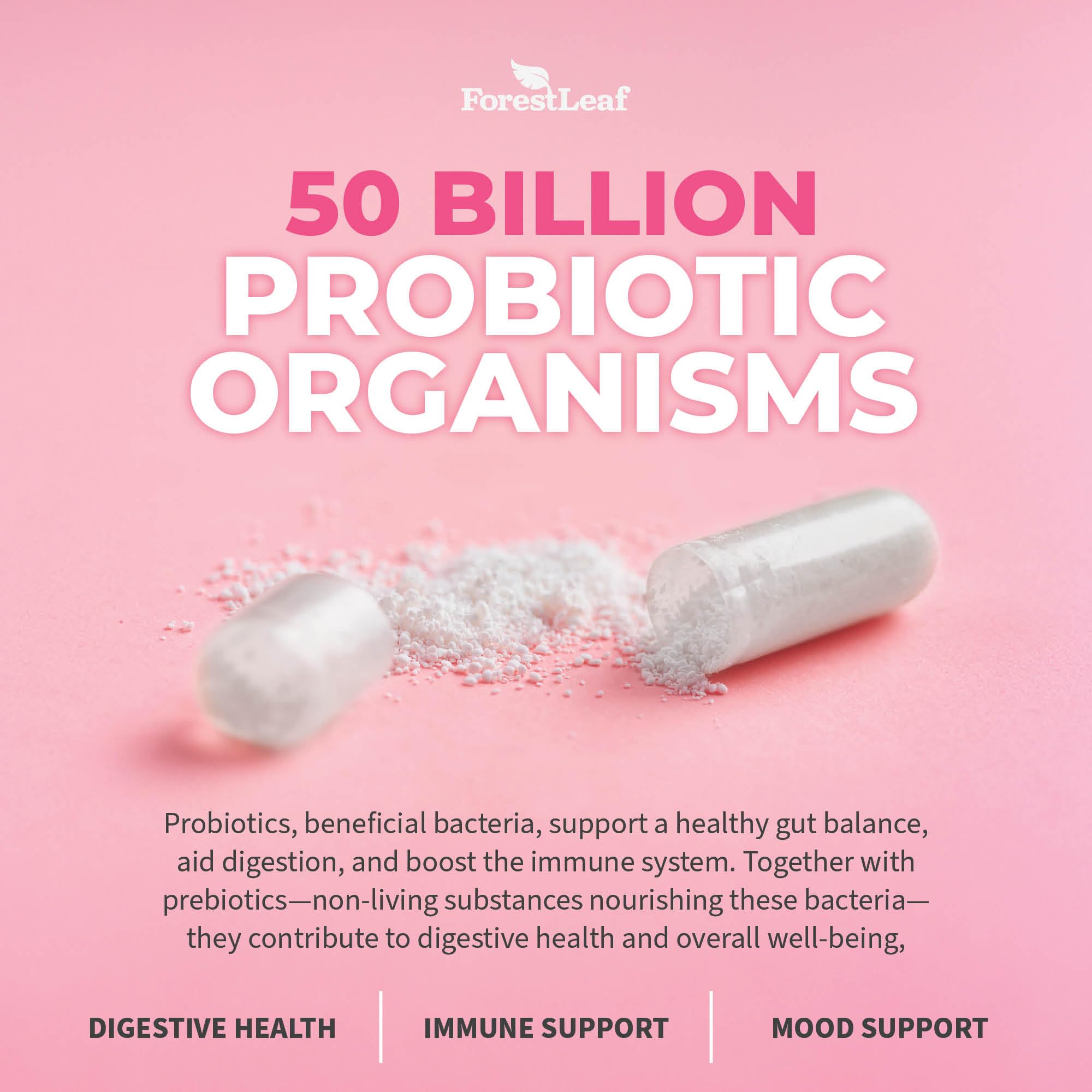 ForestLeaf Womens Probiotic 50 Billion CFU with Organic Prebiotics, Digestive Enzymes ForestLeaf