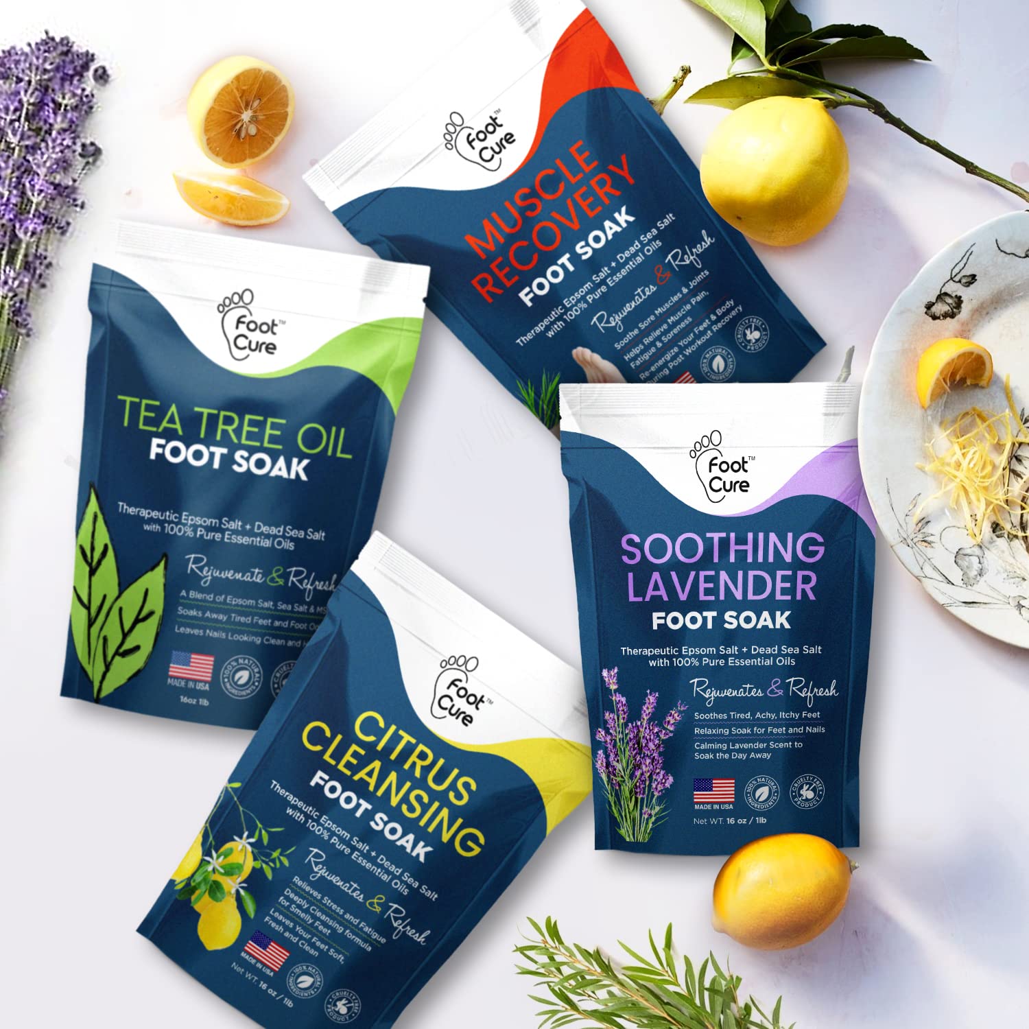 Foot Soak with Epsom Salts- Variety Pack of 4- Tea Tree Oil, Muscle Relief, Calming FOOT CURE