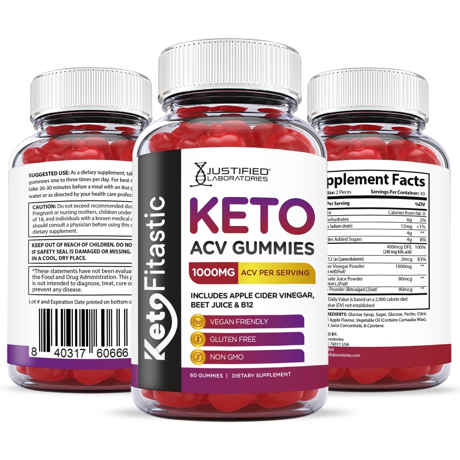 Justified Laboratories (5 Pack) Ketofitastic Keto Gummies 1000MG ACV with Pomegranate Justified Laboratories