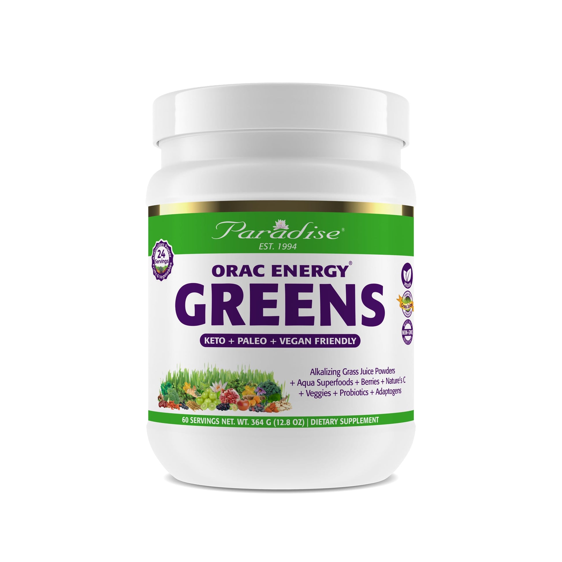 Paradise ORAC Energy Greens Powder Extract, Super Antioxidants, Probiotics for Gut 