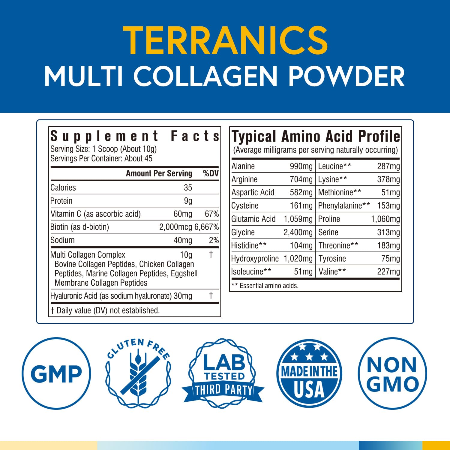 Terranics Multi Collagen Powder Type I II II V X with Biotin VC Hyaluronic Acid, Paleo Terranics