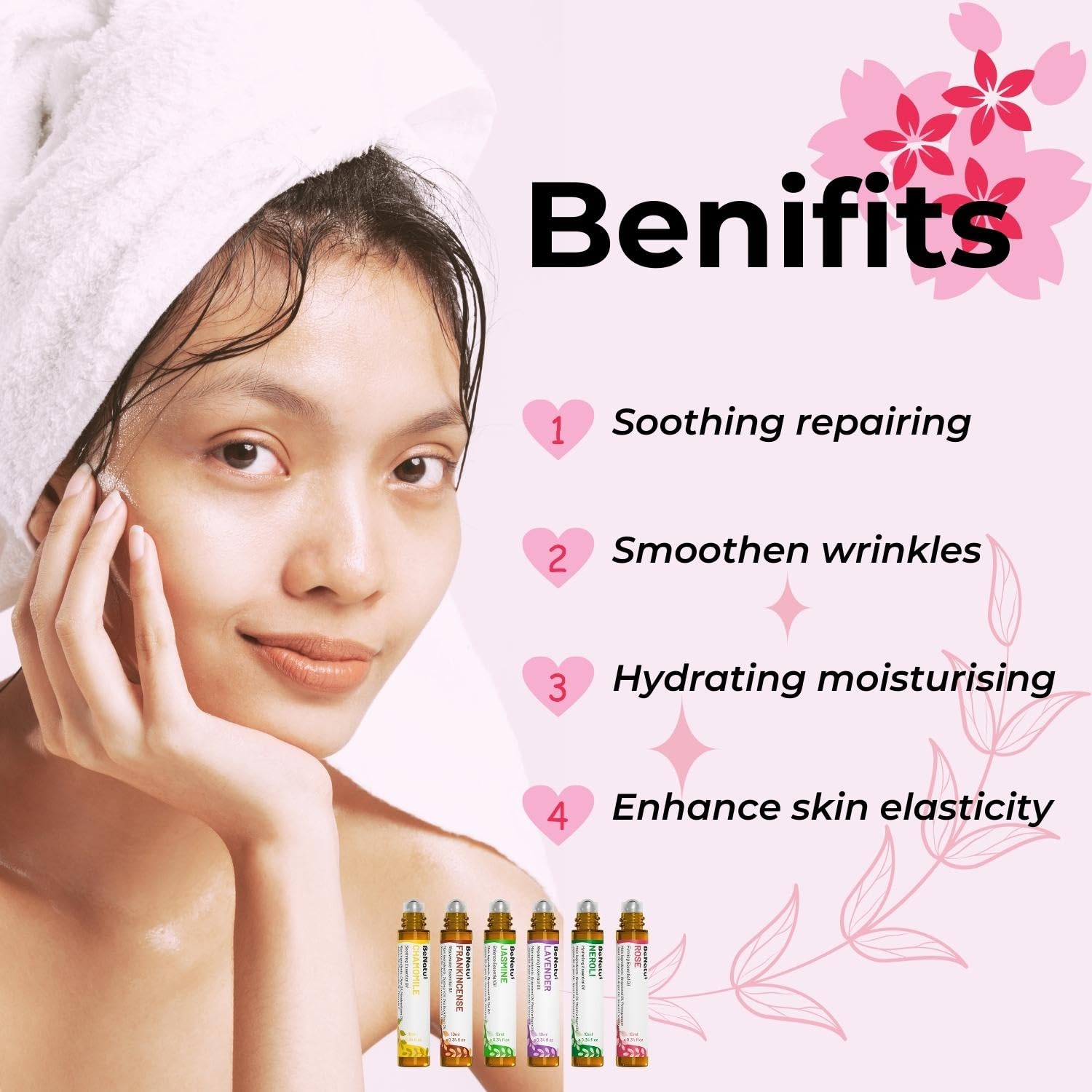 benatu 6-Pack Facial Essential Oils - Skin Care Set, 100% Pure Plant Extraction, Safe for Sensitive Skin benatu