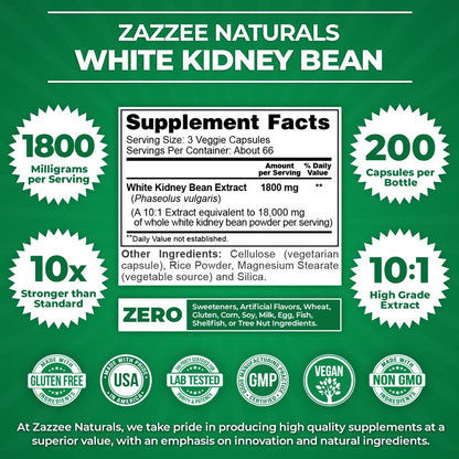 Zazzee White Kidney Bean 10:1 Extract, 18,000 mg Strength, 200 Vegan Capsules, Over 2 Month Supply