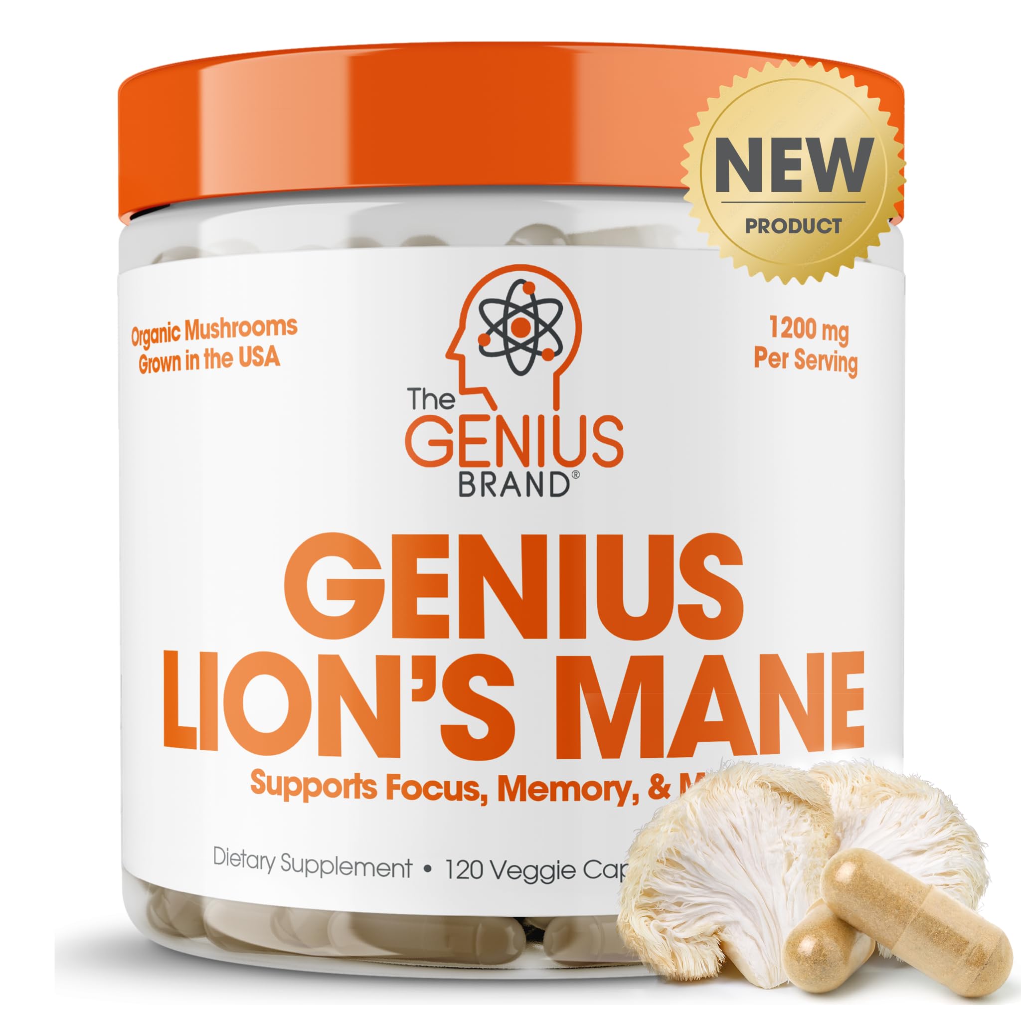 Genius Lions Mane Supplement Capsules - Organic Nootropic Supplement, 1200mg per 