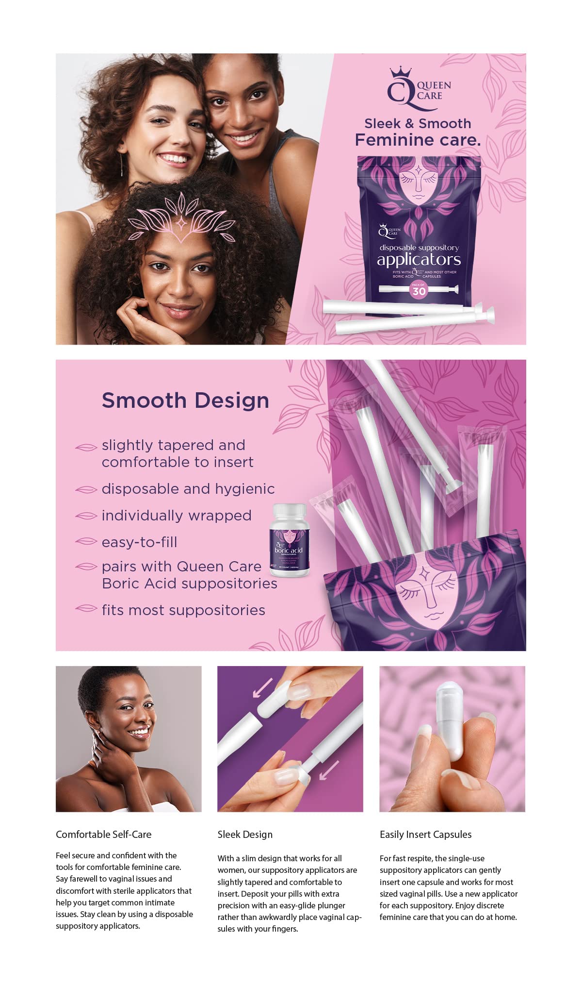 Queen Care - Disposable Suppository Applicator, Boric Acid Applicator, Feminine Care Suppository Applicator Queen Care