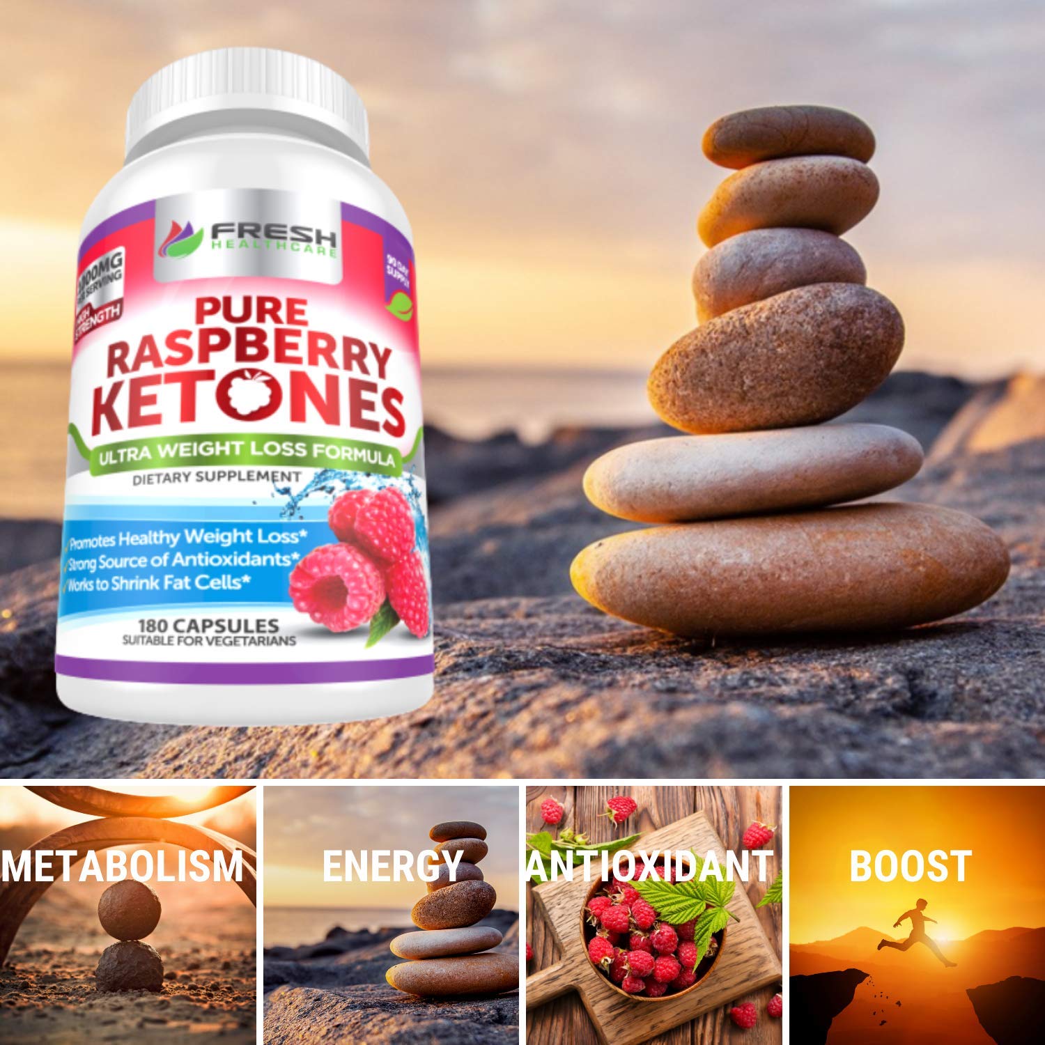 FRESH HEALTHCARE Pure 100% Raspberry Ketones Max 1000mg Per Serving - 3 Month FRESH HEALTHCARE