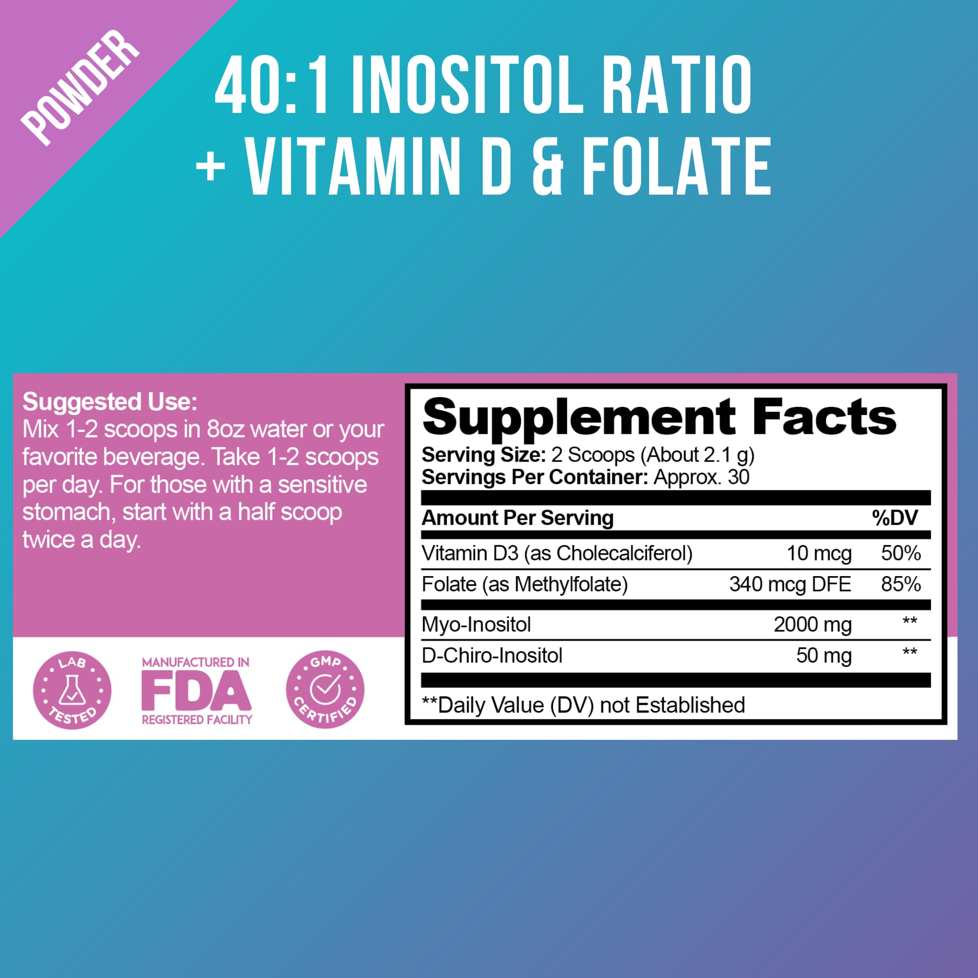 Premium Inositol Supplement - Myo-Inositol and D-Chiro Inositol Powder Plus Folate Optify