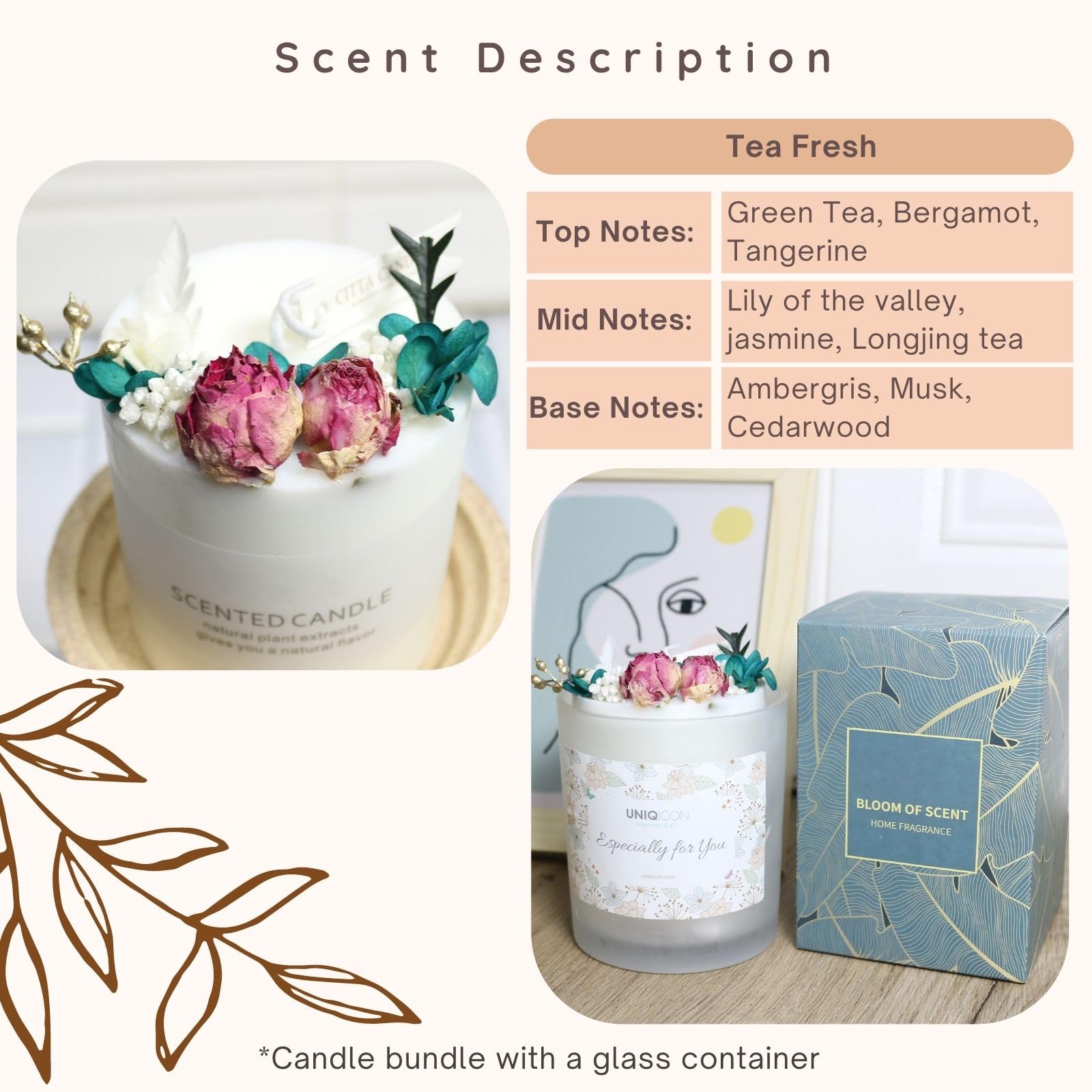 Natural Soy Scented Pillar Candles with Glass, Classic 10 oz Luxury Non Toxic White Bathroom Candle uniqicon