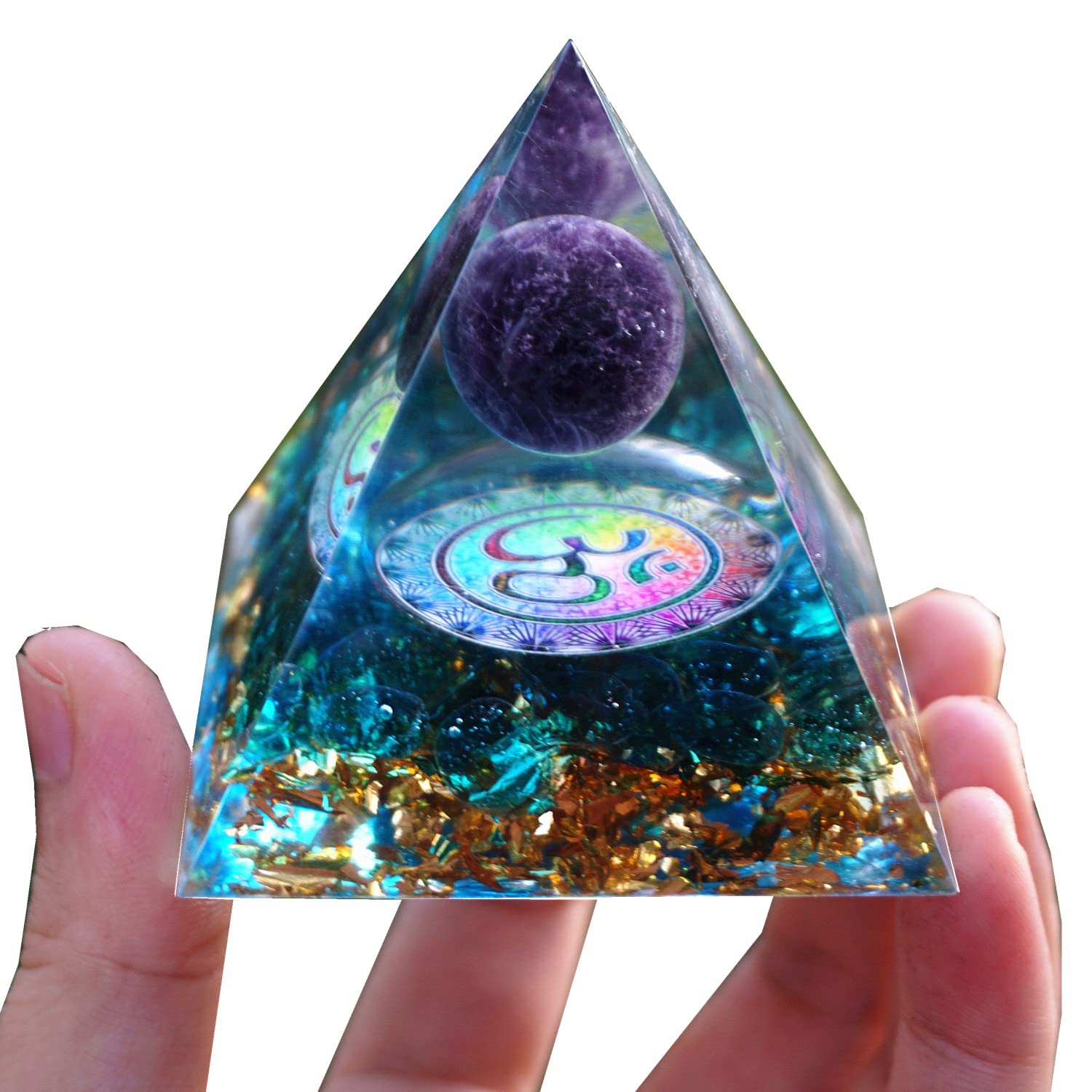 Besorgone Orgonite Pyramid for Positive Energy Amethyst Sphere Chakra Orgone with Blue Quartz Besorgone