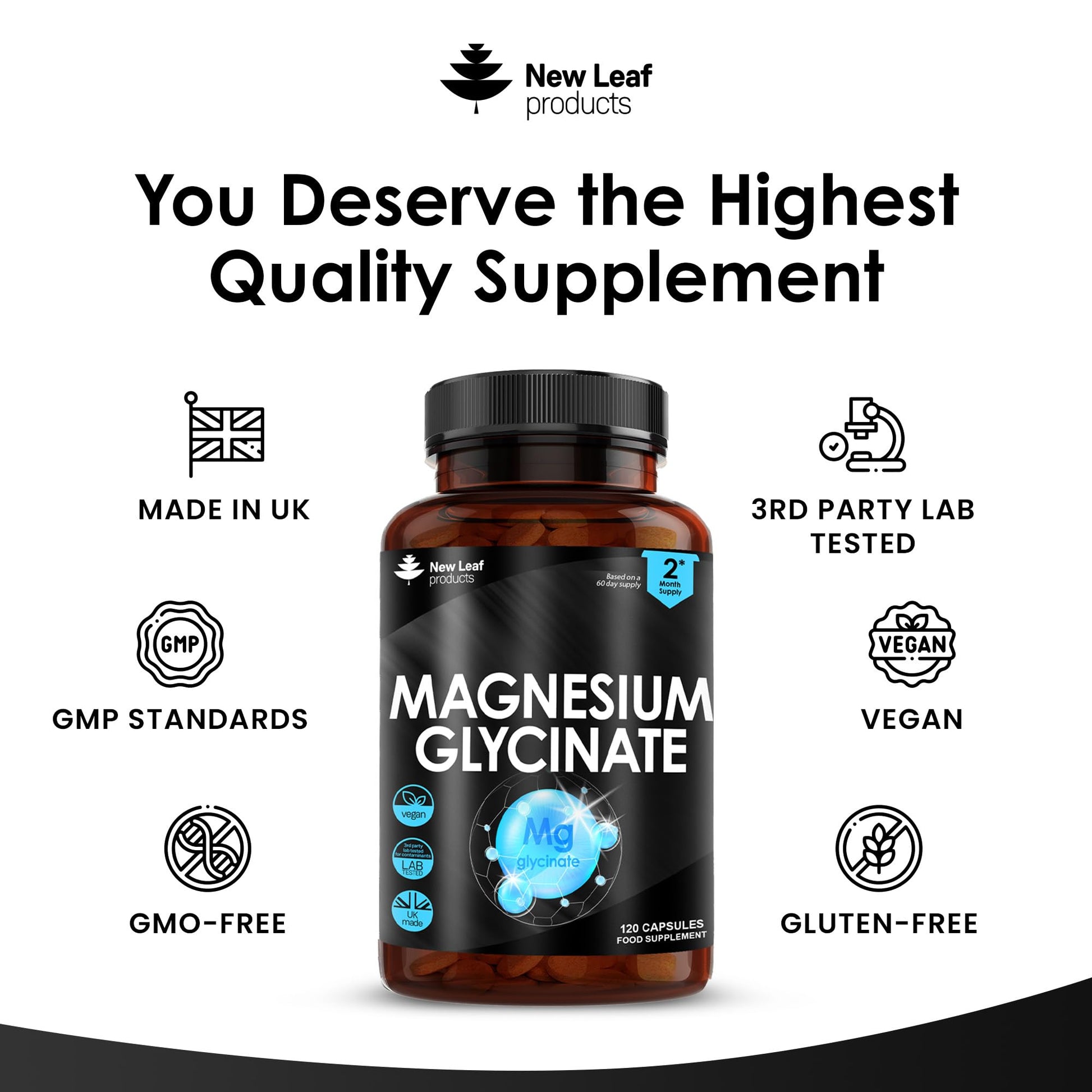 Magnesium Glycinate Supplements - 1040mg of Magnesium - 120 High Strength Capsules NEW LEAF PRODUCTS