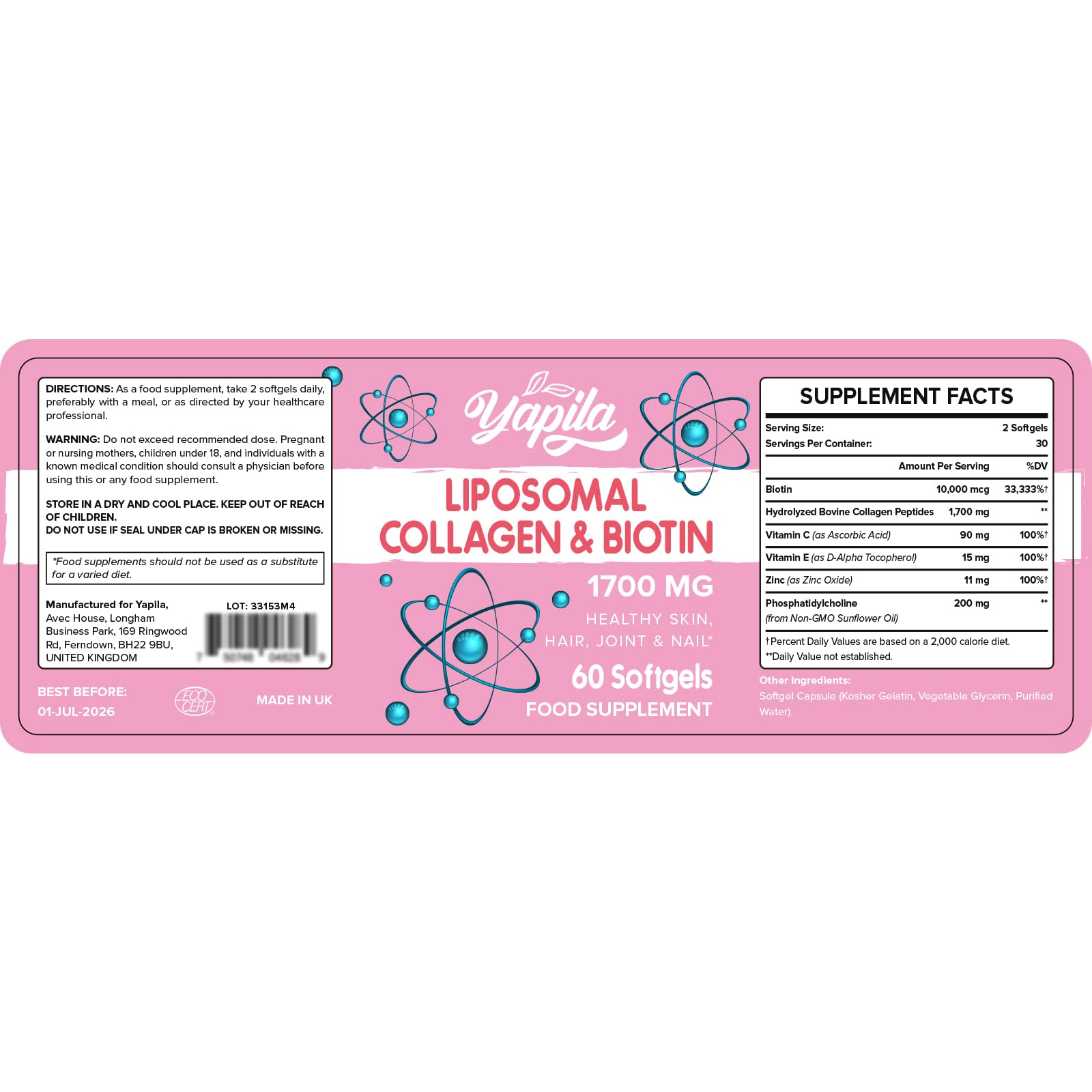 Liposomal Collagen Biotin Capsules, Hydrolyzed Bovine Collagen Peptides 1700 mg, Types 1 & 3 Protein Yapila