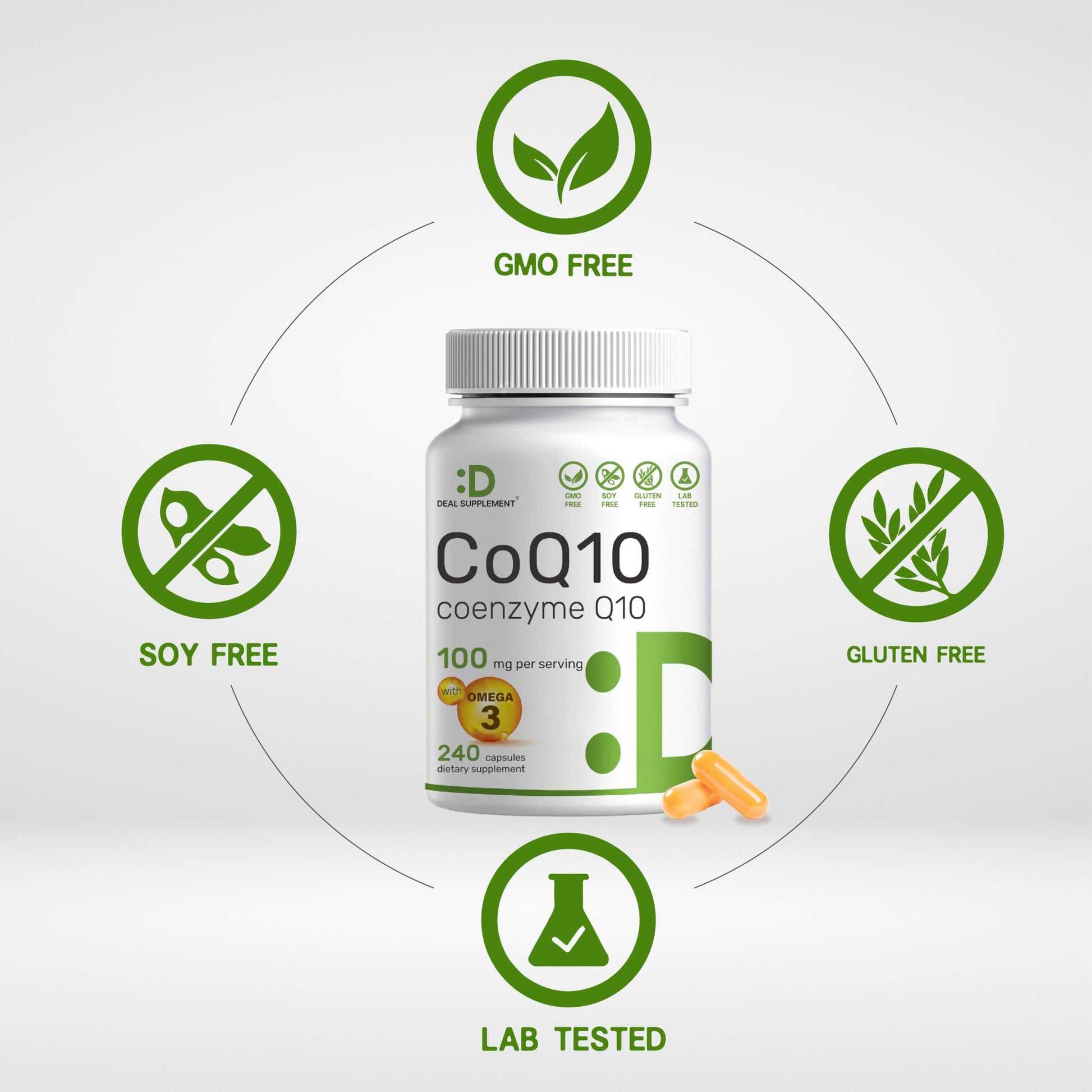 CoQ10 100mg, 240 Capsules – with Omega 3 Fatty Acid 100mg – Bioavailable Coenzyme DEAL SUPPLEMENT