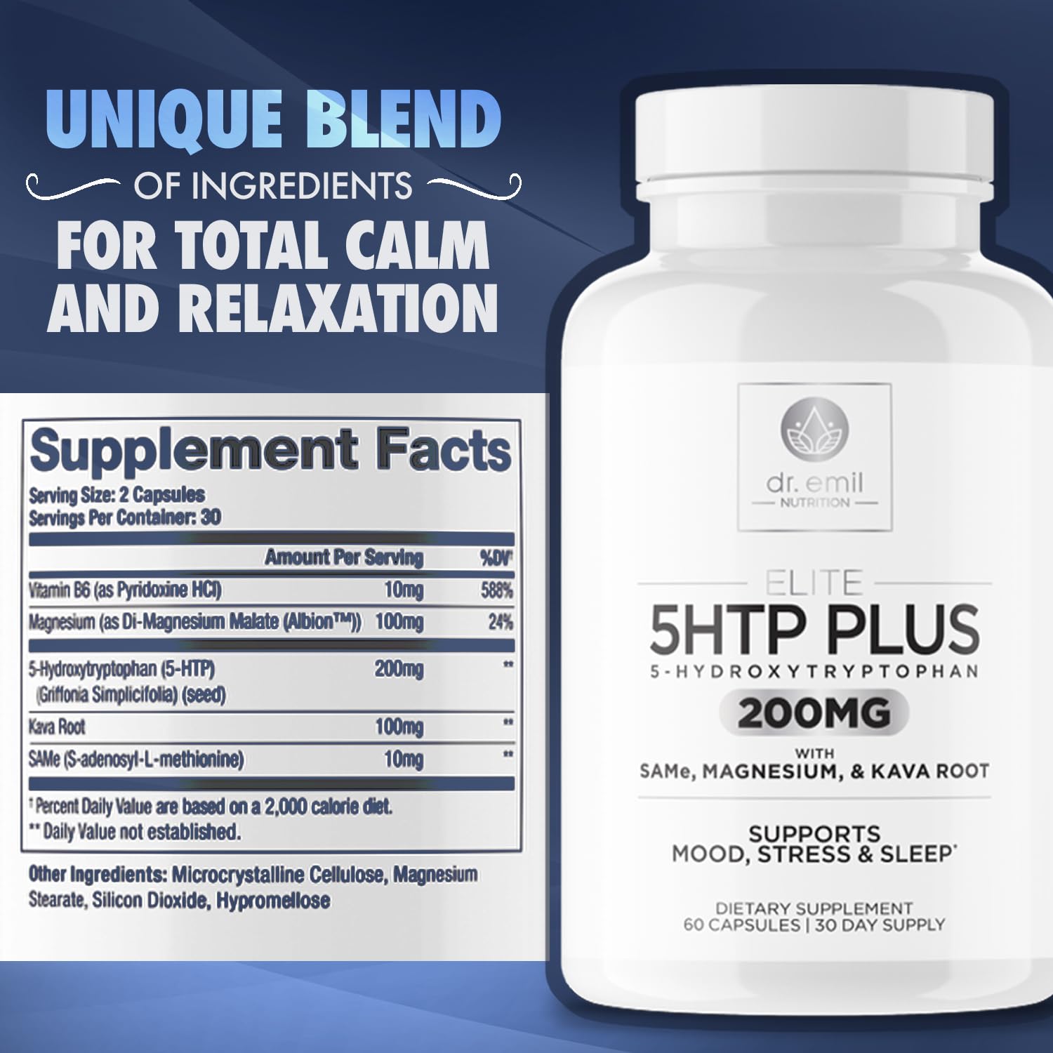 200 MG 5-HTP Elite with Kava Root Extract, Magnesium & SAM-e to Maintain Normal DR EMIL NUTRITION