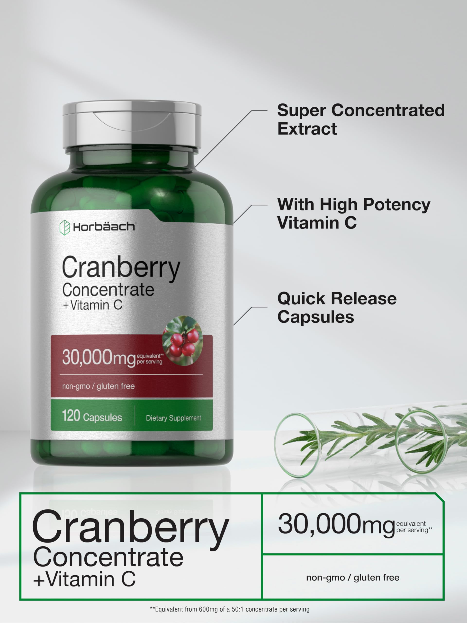 Cranberry Concentrate Extract Pills + Vitamin C | 30,000mg | 120 Capsules | Triple Strength Horbäach