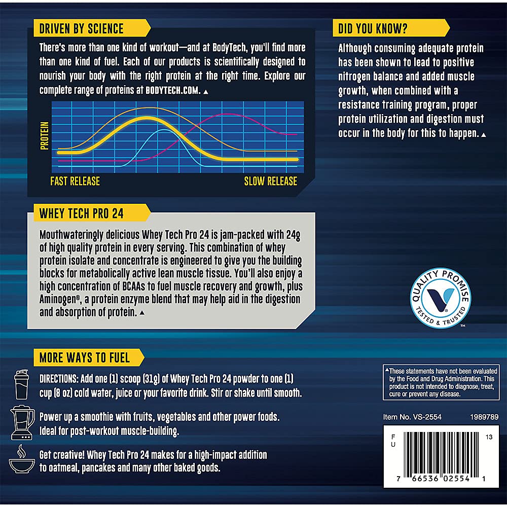 BODYTECH Whey Tech Pro 24 Protein Powder - Protein Enzyme Blend with BCAA's to Fuel BODYTECH