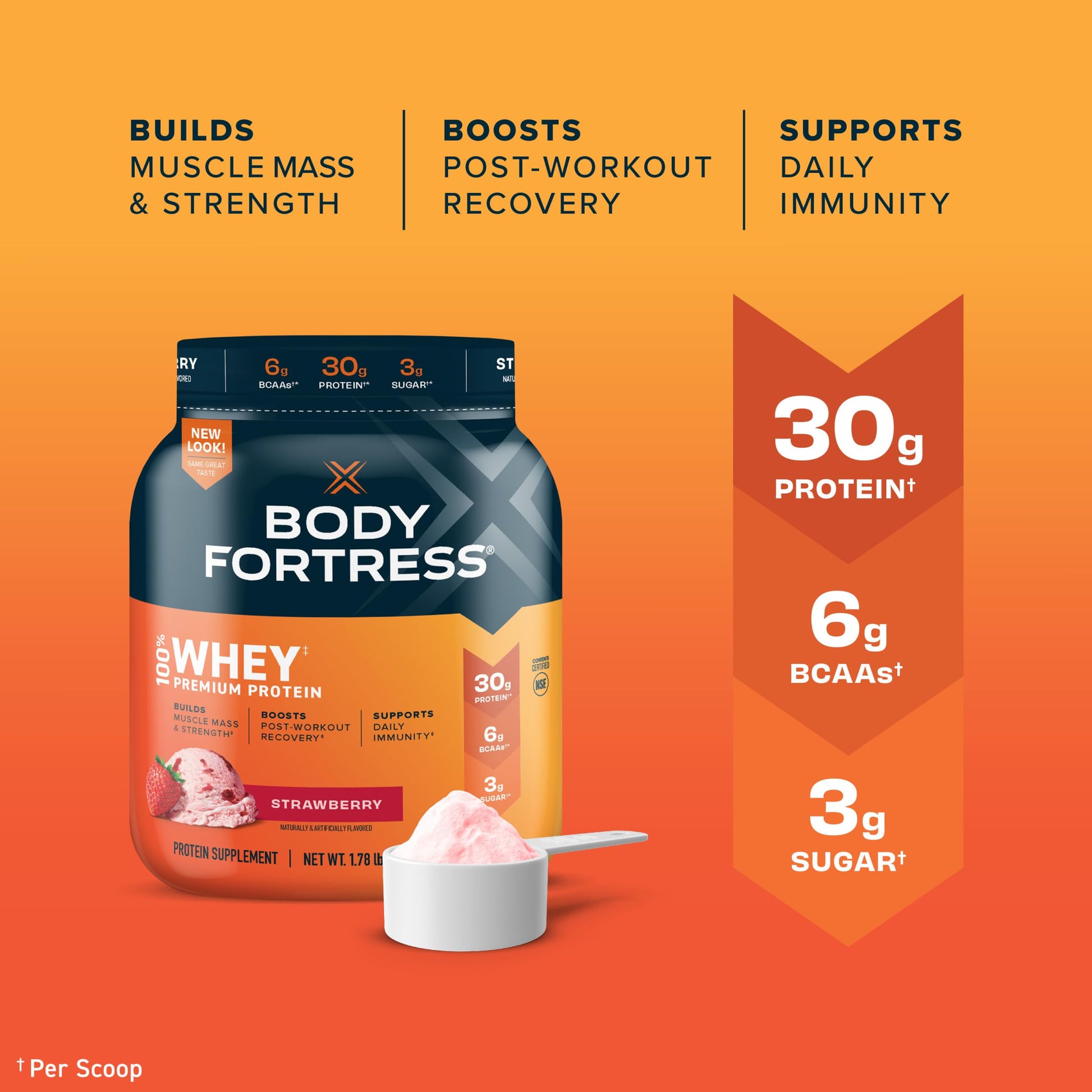 Body Fortress 100% Whey, Premium Protein Powder, Strawberry, 1.78lbs Packaging May Body Fortress