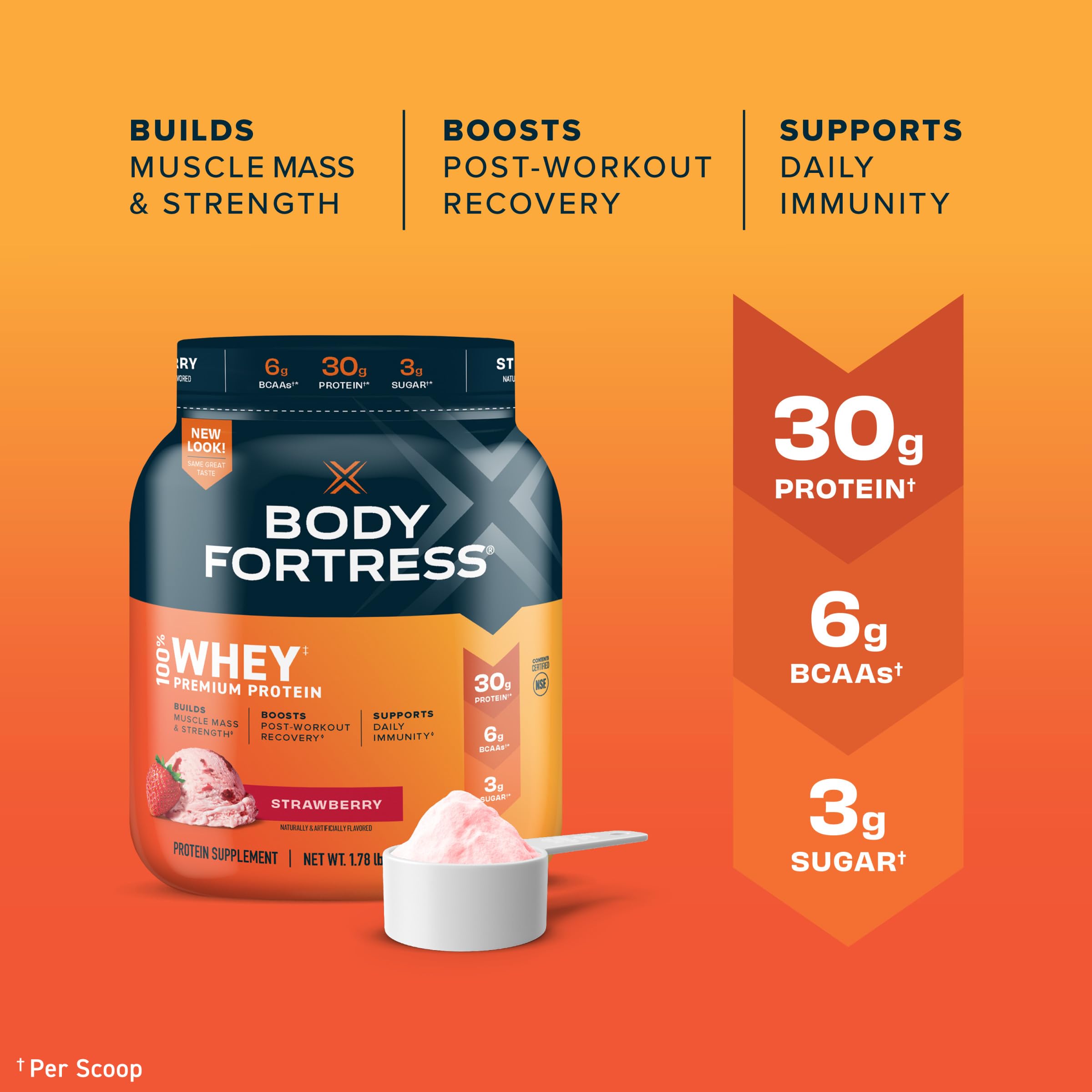 Body Fortress 100% Whey, Premium Protein Powder, Strawberry, 1.78lbs Packaging May Body Fortress