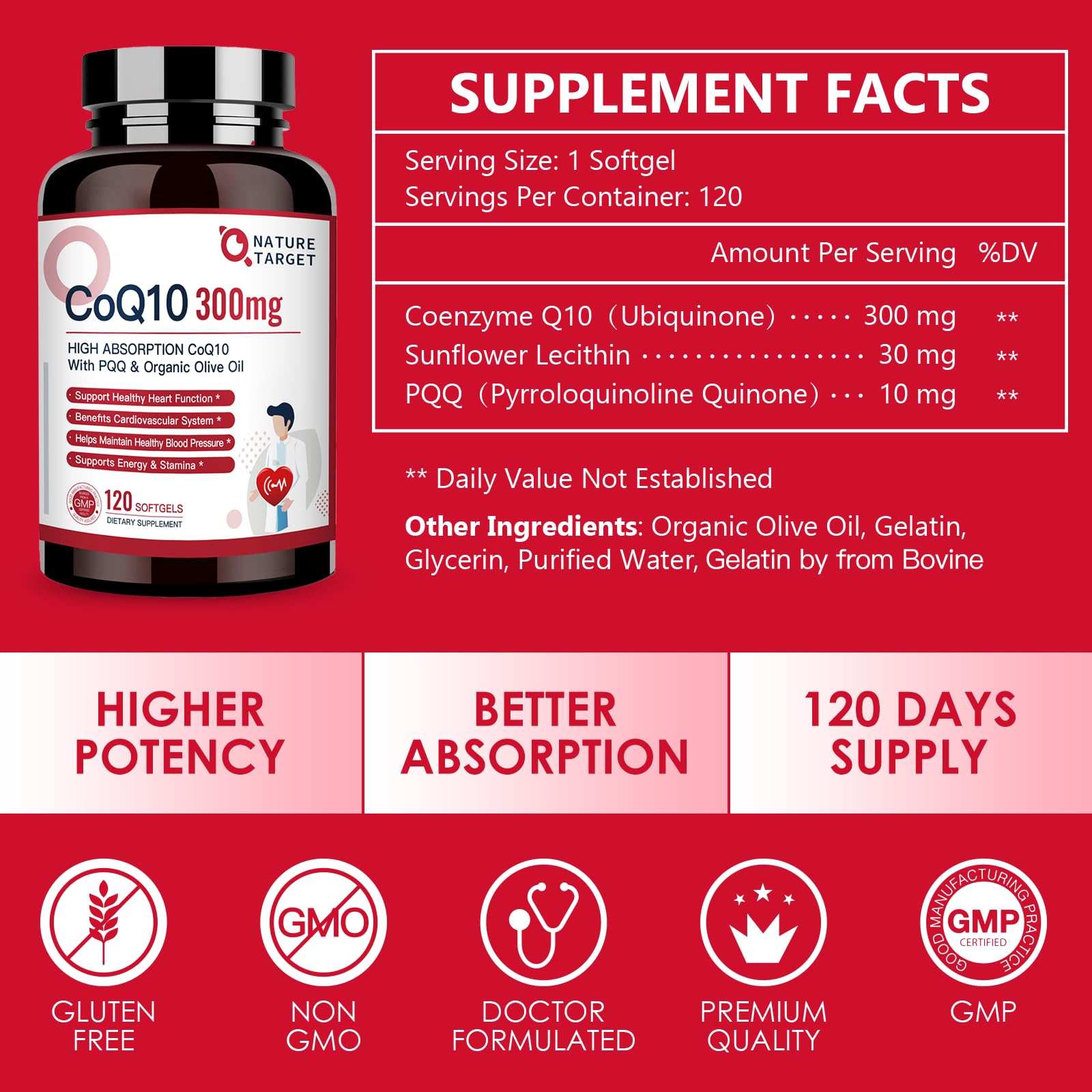 NATURE TARGET CoQ10-300mg-Softgels + PQQ with Organic-Olive-Oil - High Absorption NATURE TARGET