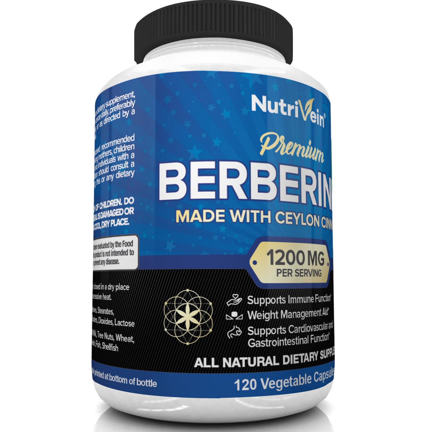 Nutrivein Premium Berberine HCL 1200mg Plus Organic Ceylon Cinnamon - 120 Capsules Nutrivein