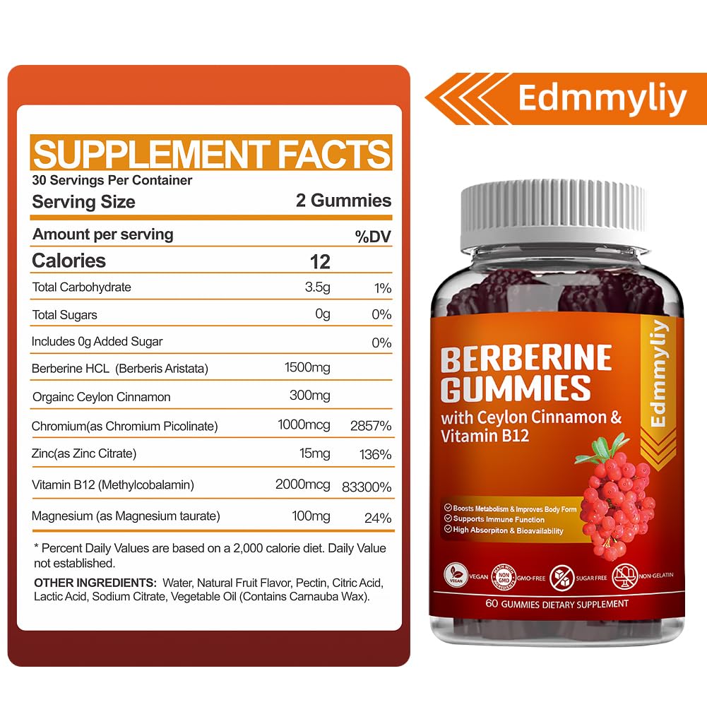 Berberine Gummies 1600mg with Ceylon Cinnamon Sugar Free High Potency Berberine Edmmyliy