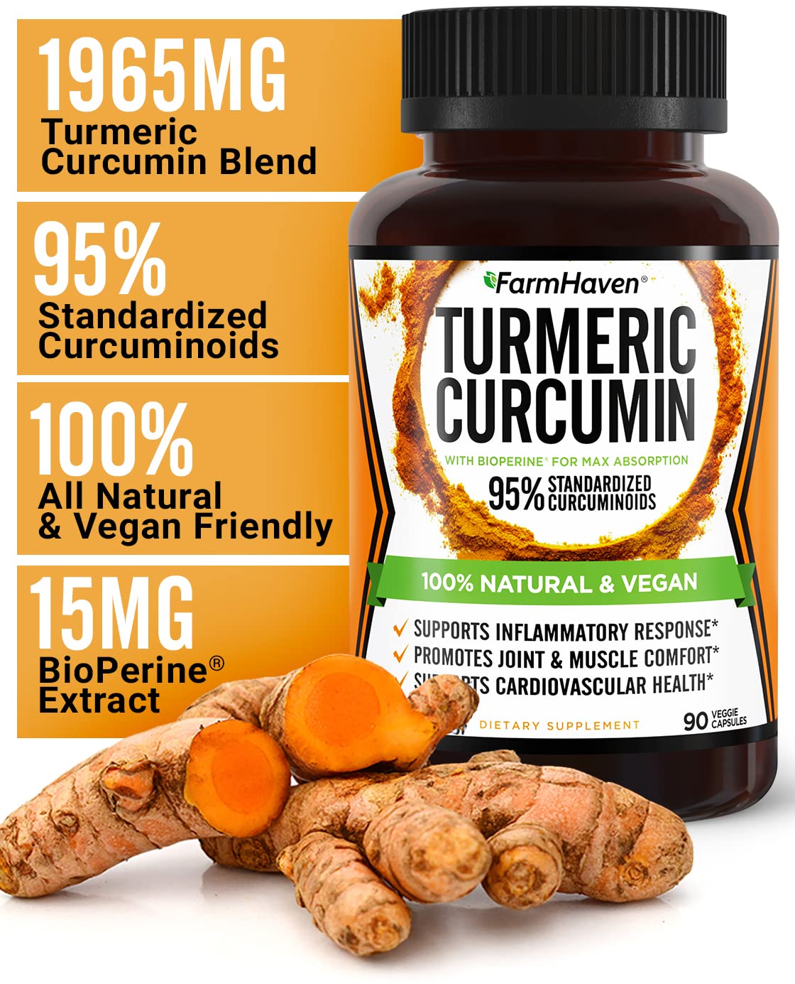 Turmeric Curcumin with BioPerine Black Pepper & 95% Curcuminoids, 1965mg, Maximum FarmHaven