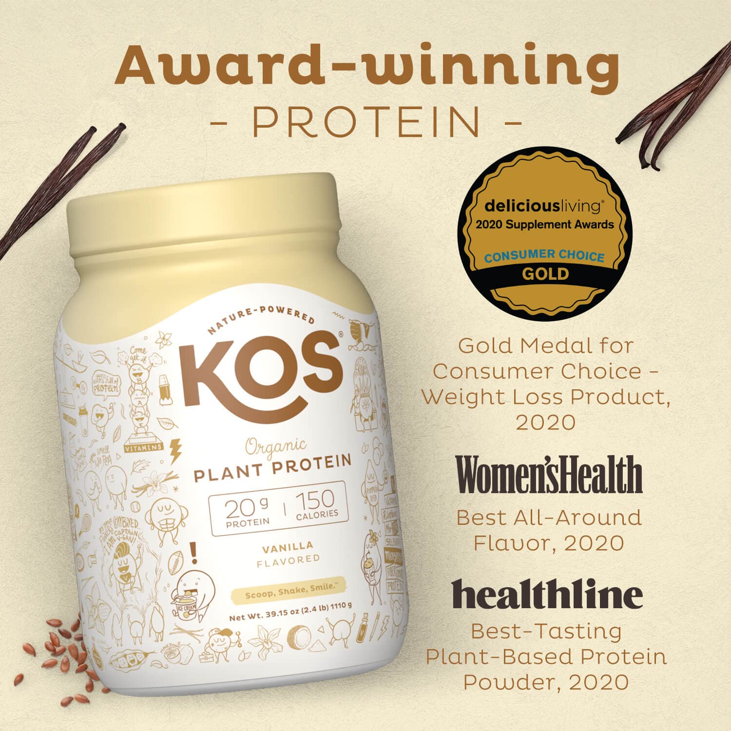 KOS Vegan Protein Powder Erythritol Free, Vanilla USDA Organic - Pea Protein Blend KOS