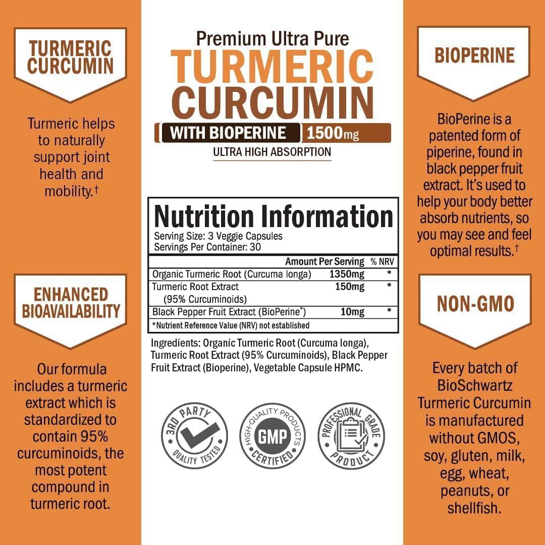 Turmeric Curcumin with Black Pepper Extract 1500mg - High Absorption
