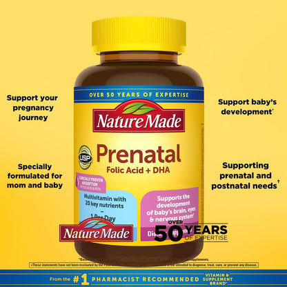 Nature Made Prenatal with Folic Acid + DHA, 200mg Prenatal Vitamin and Mineral Supplement for Daily