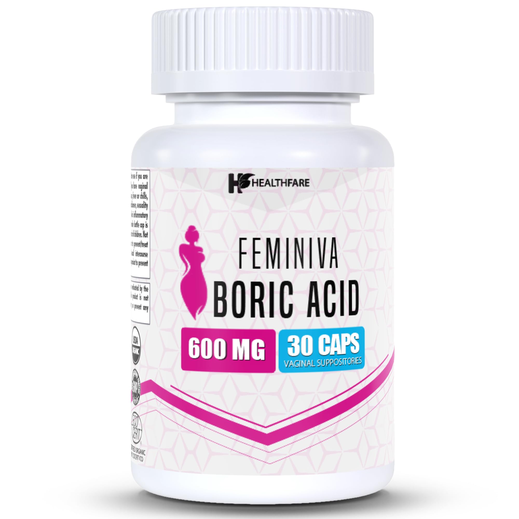 HealthFare Feminiva Boric Acid Vaginal Suppositories - 30 Count, 600mg, Intimate Health Support - 100%