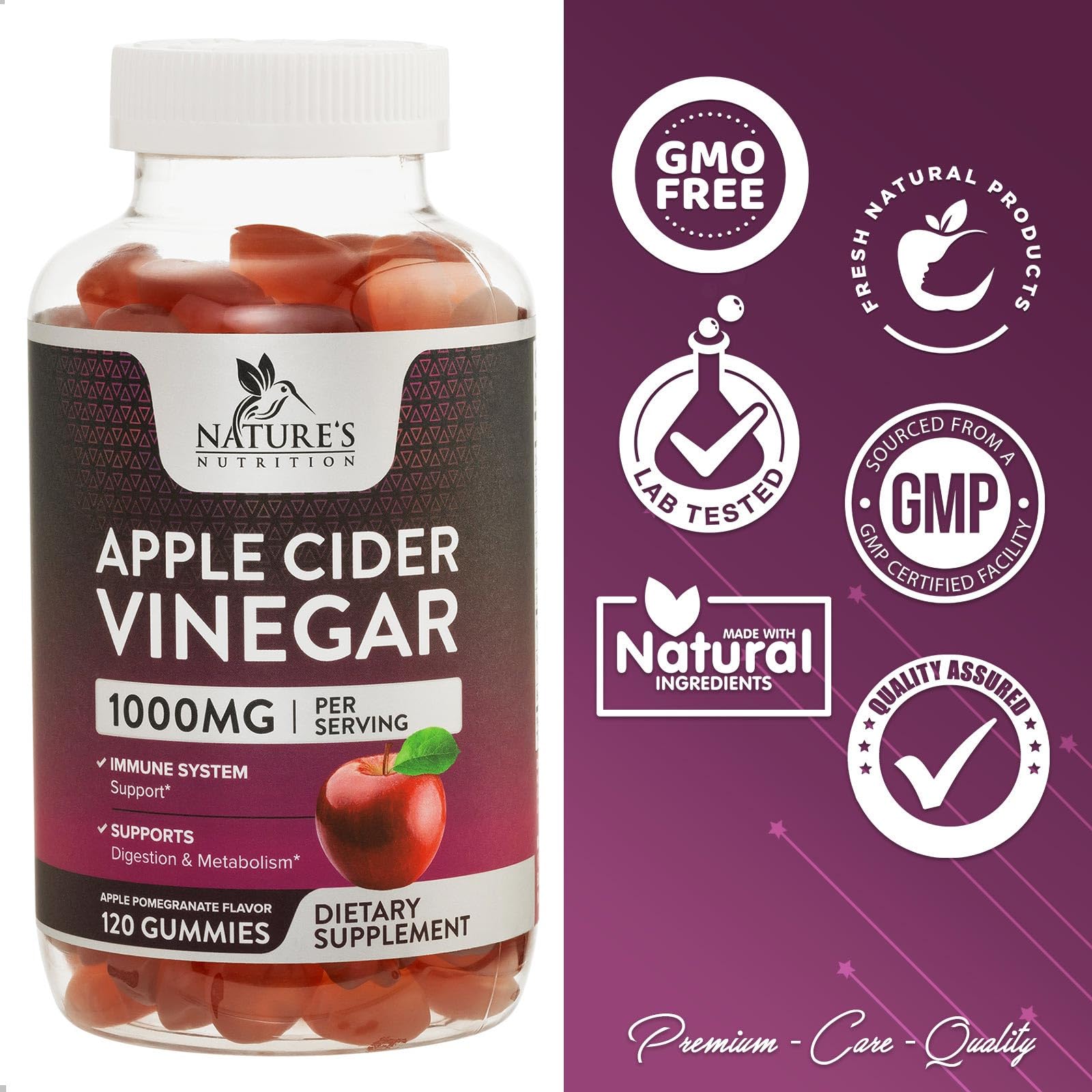 Nature's Nutrition Apple Vinegar Gummy for Weight Loss 1000mg - Vegan Apple Cider Vinegar Nature's Nutrition