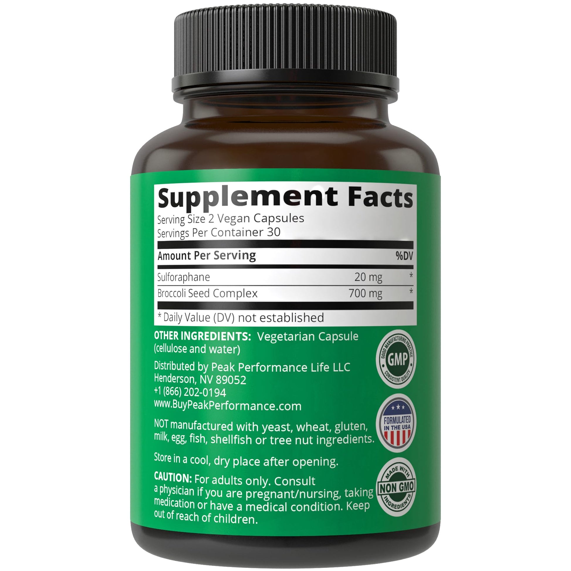 Sulforaphane Supplement 20mg + Broccoli Seed Extract Vegan Capsules. Activated Peak Performance