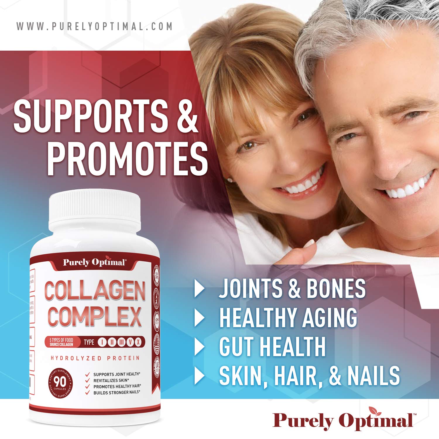 Purely Optimal Premium Multi Collagen Peptides Capsules (Types I, II, III, V, X) - Hair Purely Optimal