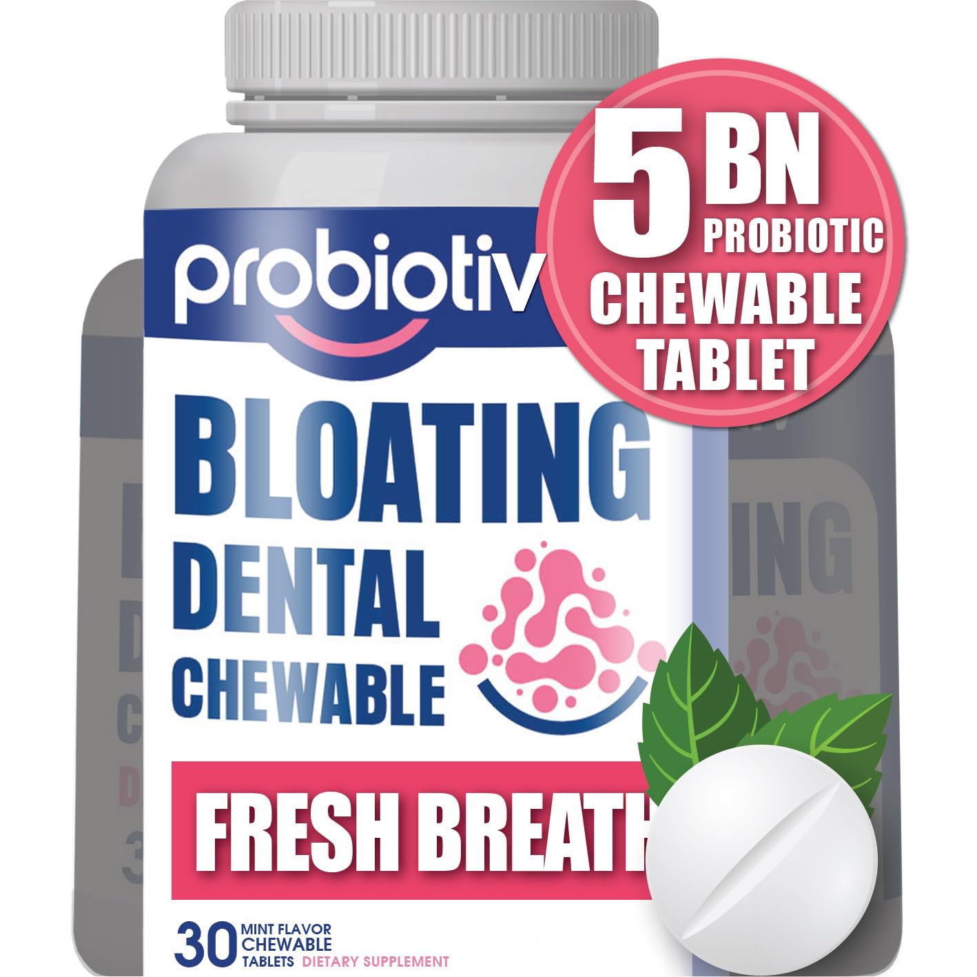 Probiotiv Chewable Probiotics for Daily Bloating w/ 5 Billion CFU – “Two-in-One Combo”