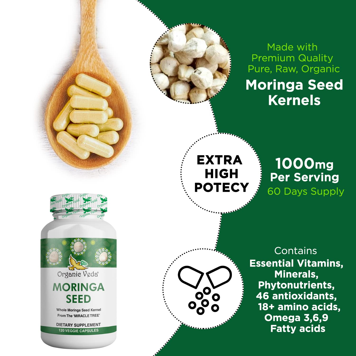 Organic Veda Moringa Seed Capsules - Pure Organic Moringa Capsules Seed Powder Organic Veda
