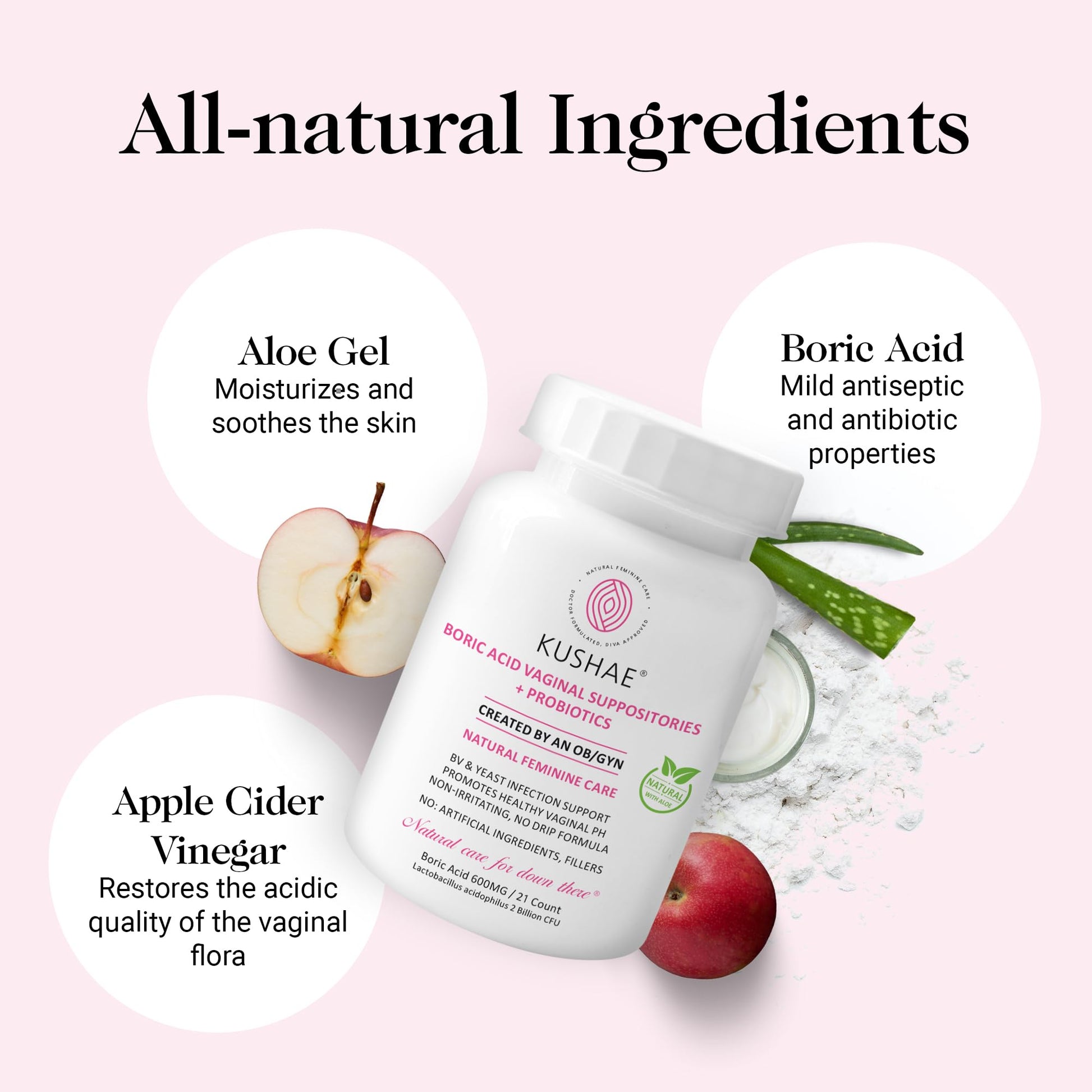 Kushae Boric Acid Suppositories with Applicator, All-Natural Boric Acid Suppositories for Women Kushae