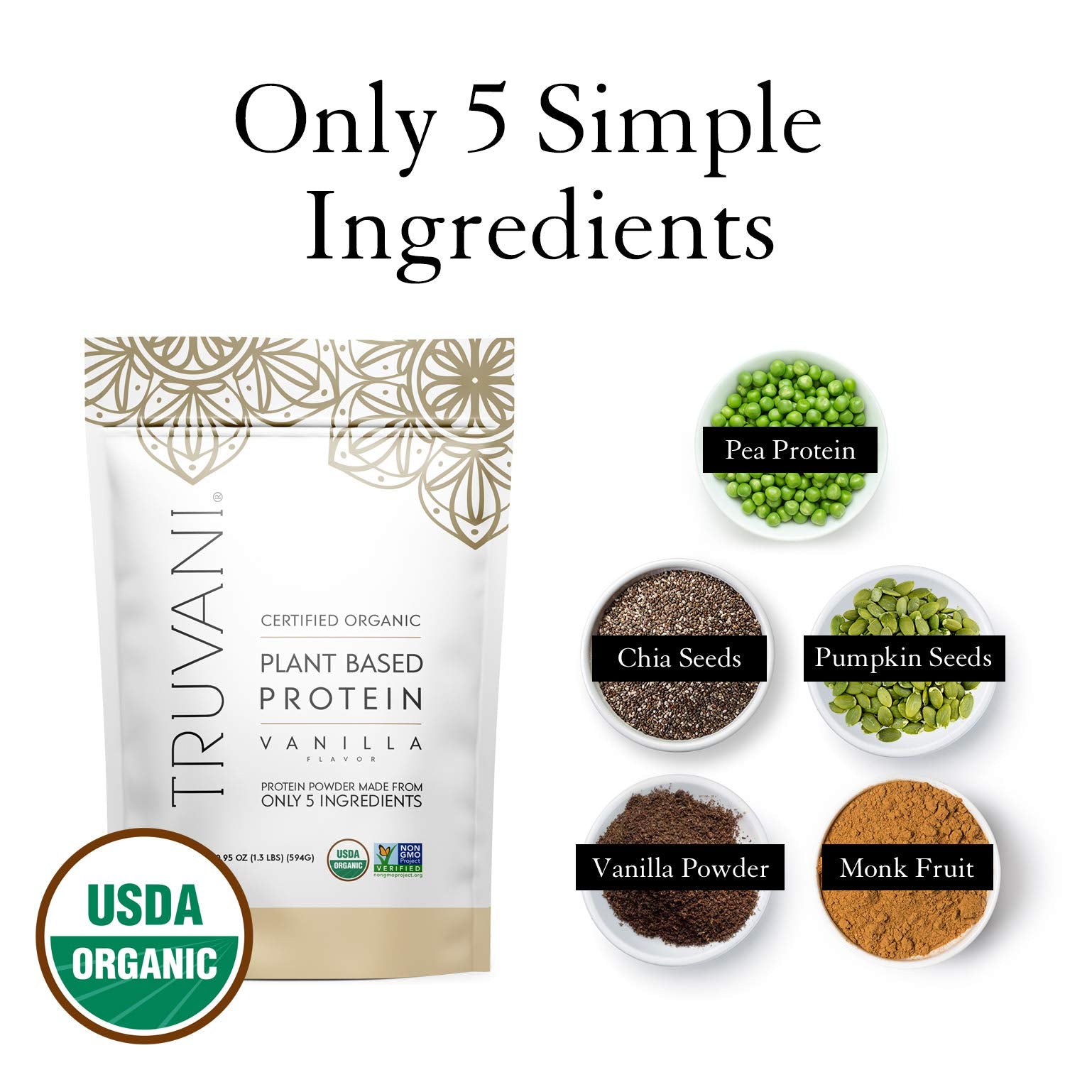 Truvani Organic Vegan Protein Powder, Organic Pea Protein Powder, Vegan, Non GMO Truvani