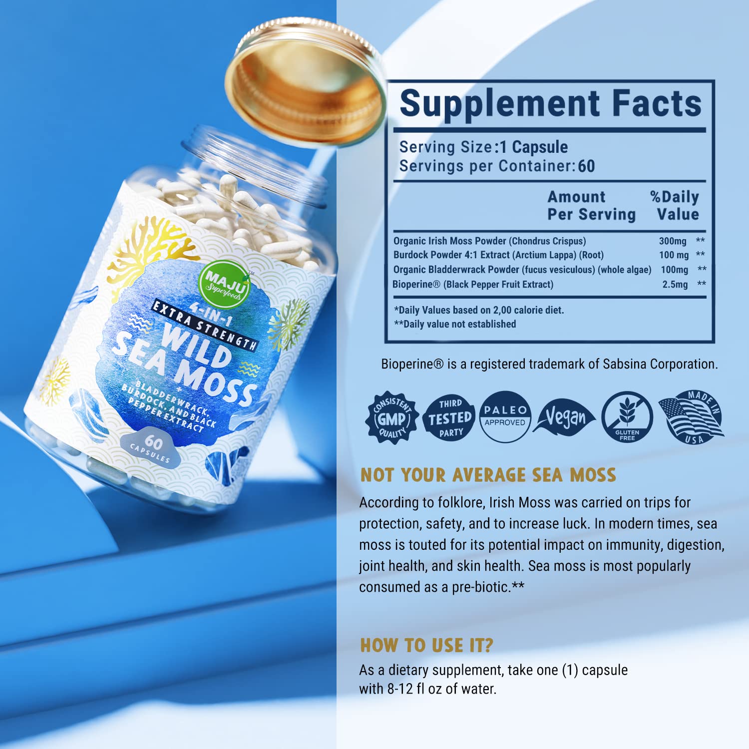 MAJU 4-in-1 Organic Sea Moss Capsules, Wild Chondrus Crispus, Seamoss Maju Superfoods