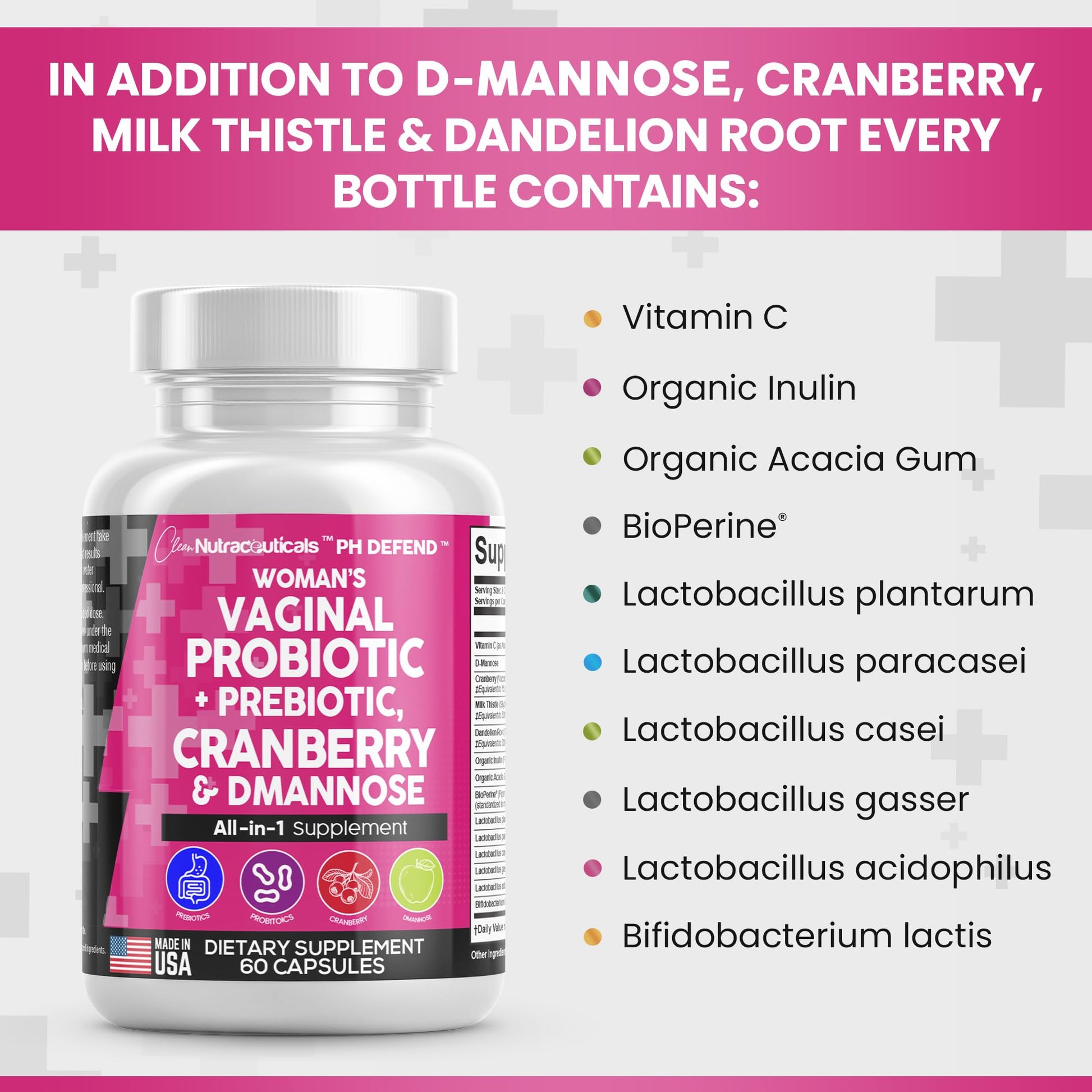 Vaginal Probiotics For Women + Prebiotics 20 Billion Cranberry Pills 30,000mg w/ D-Manno Clean Nutraceuticals