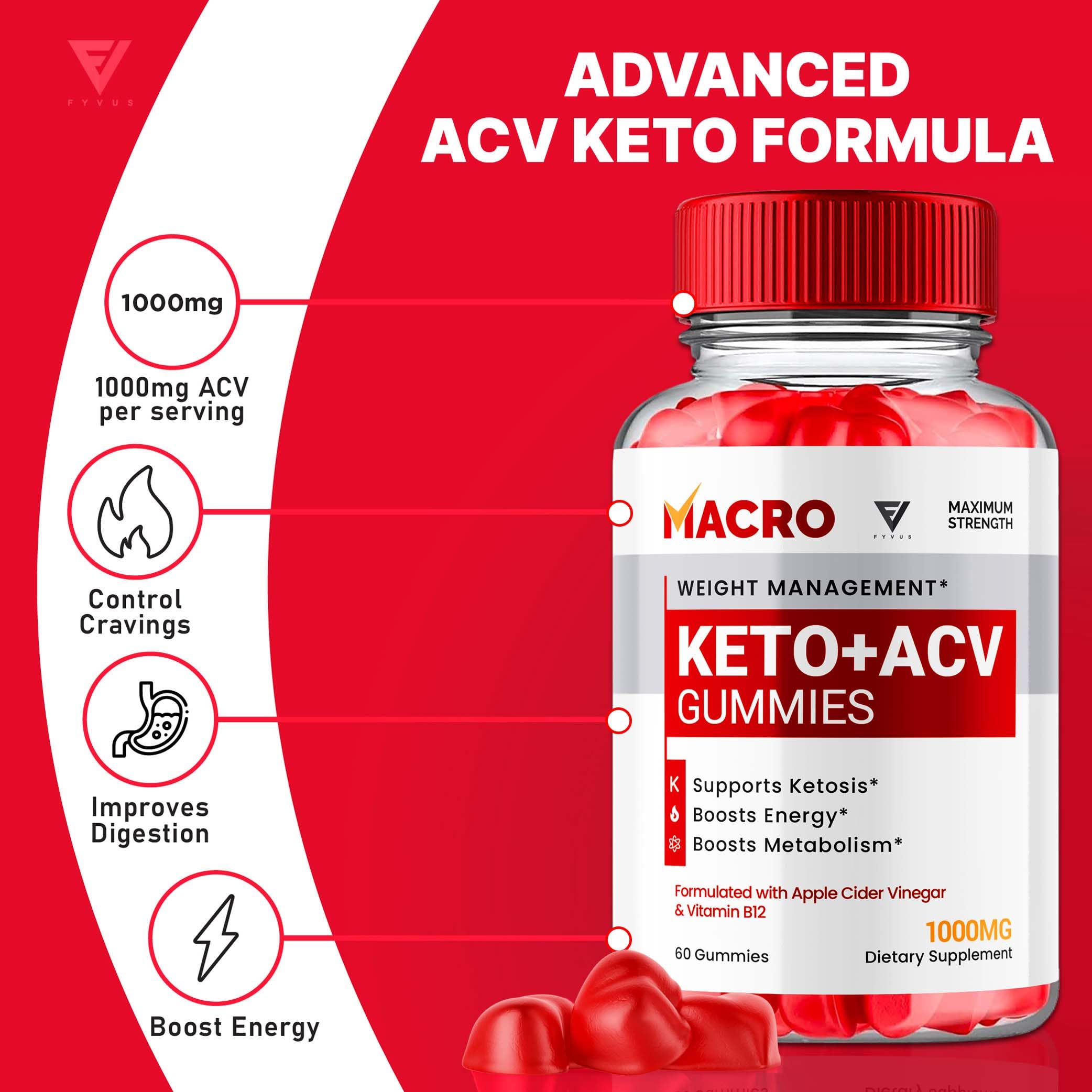 Macro Keto ACV Gummies Advanced Apple Cider Vinegar Vitamin Supplement Fyvus