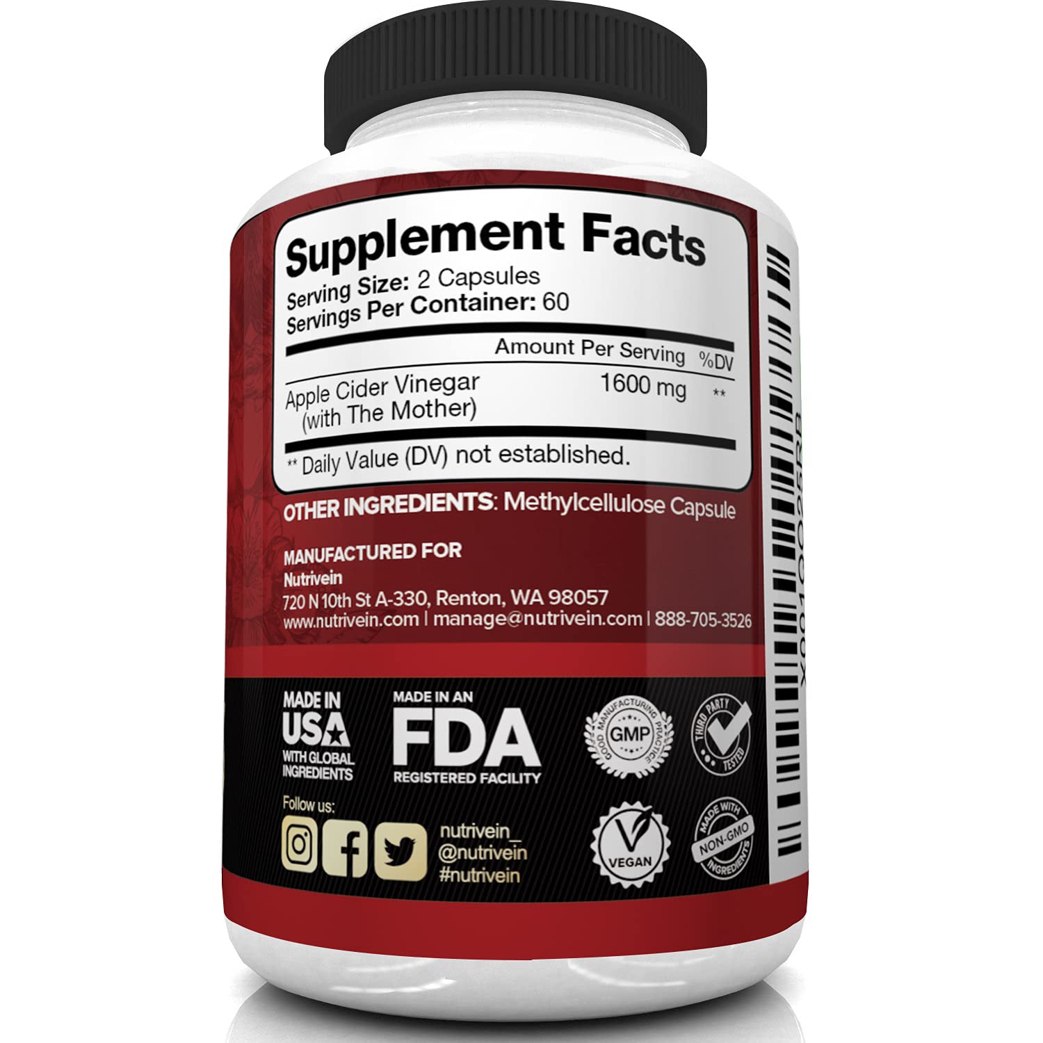 Nutrivein Apple Cider Vinegar Capsules with Mother - 1600mg - 120 Vegan