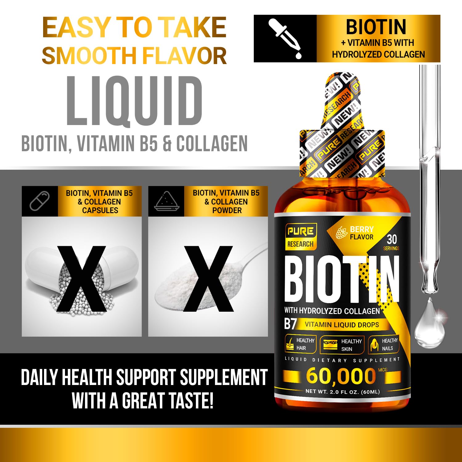 PURE RESEARCH Liquid Biotin & Collagen Hair Growth Drops 60,000mcg – Biotin and Liquid PURE RESEARCH